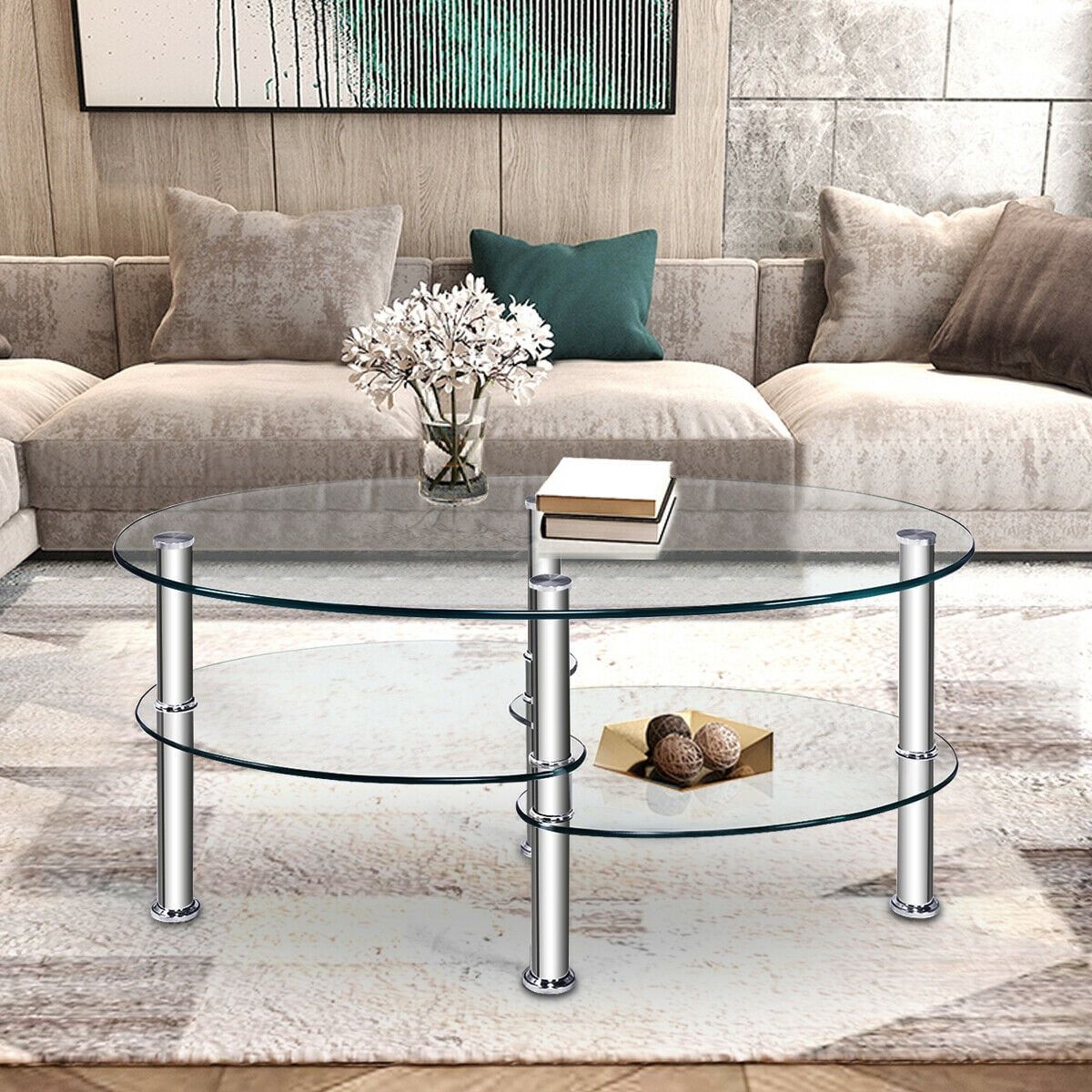 Costway Tempered Glass Oval Side Coffee Table Shelf Chrome Base Living Regarding Glass Coffee Tables With Lower Shelves (View 15 of 20)
