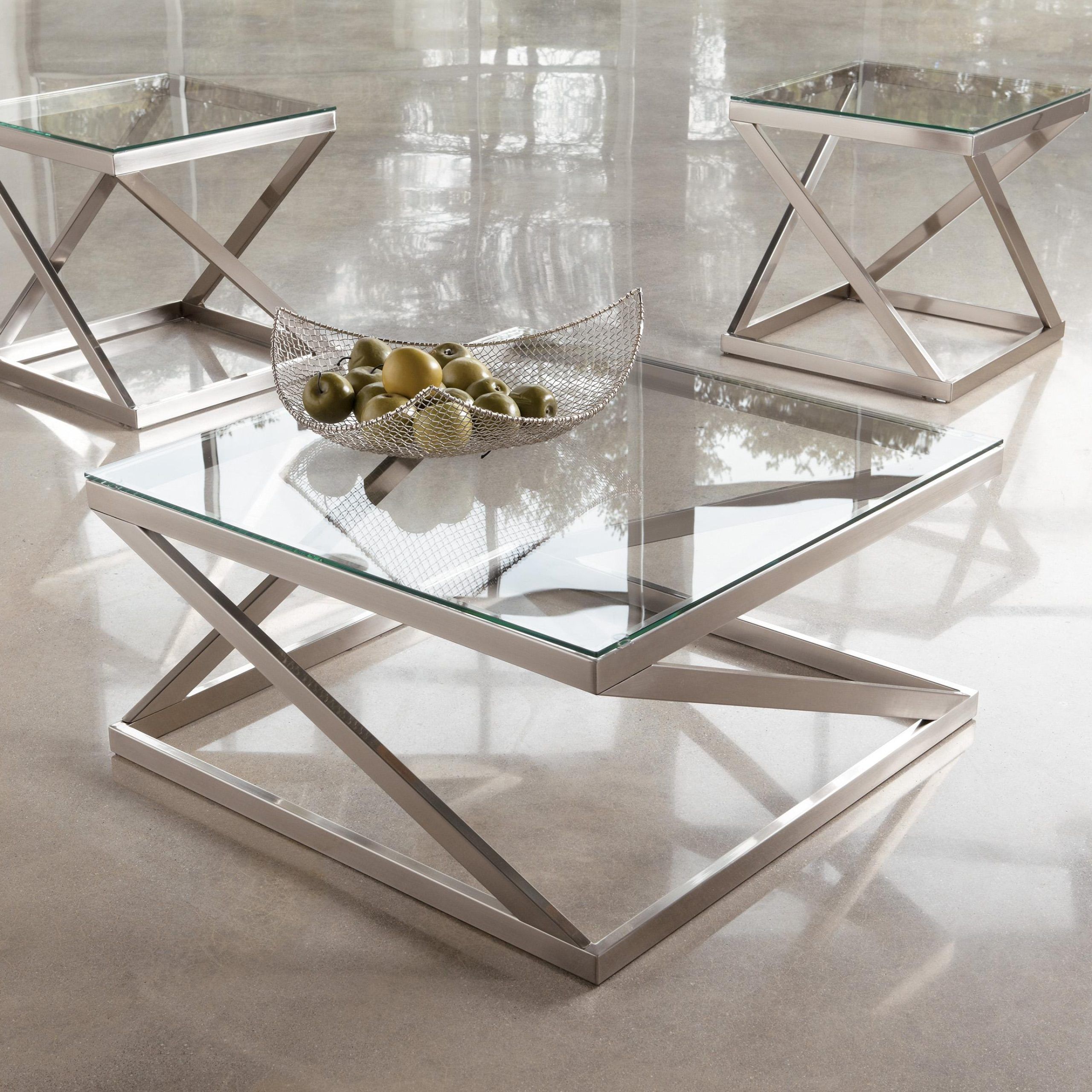 Coylin Brushed Metal Square Cocktail Table With Clear Tempered Glass Throughout Hassch Modern Square Cocktail Tables (Gallery 11 of 20)