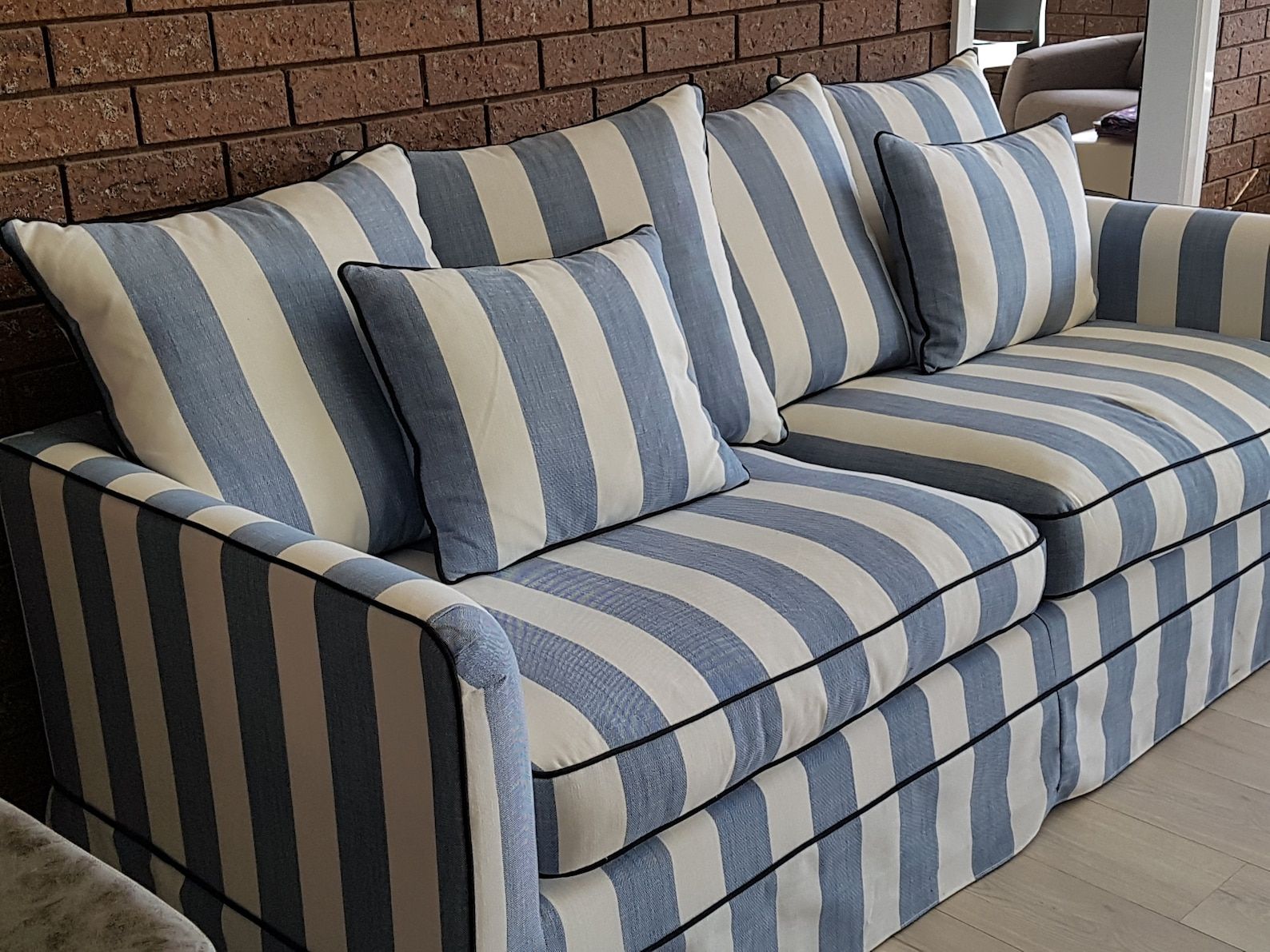 Custom Hamptons Striped Sofa/3 Seater Lounge Blue Denim White – Etsy Pertaining To Sofas In Pattern (Gallery 16 of 20)
