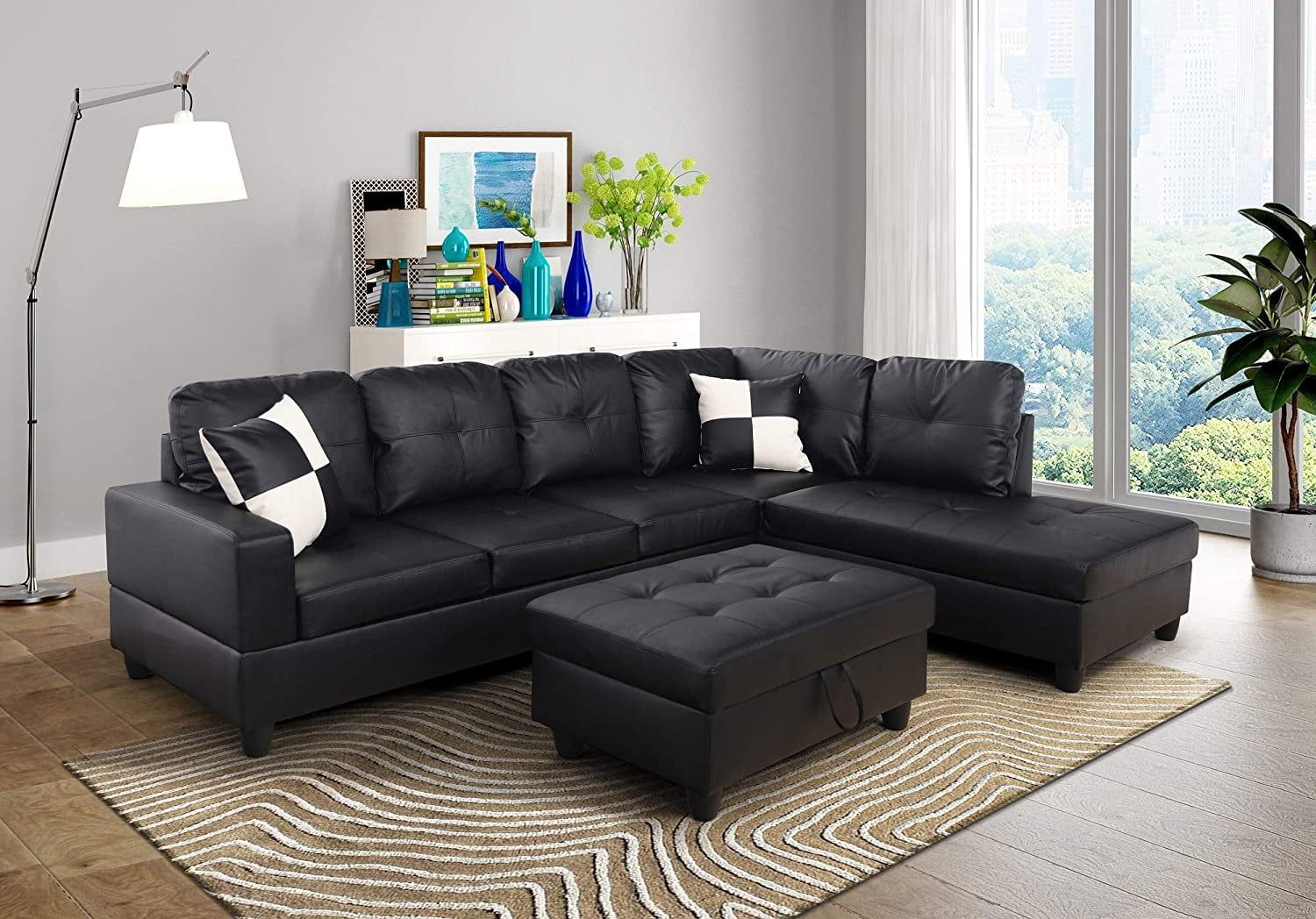 Dae Right Facing Sectional Sofa L Shape Faux Leather Black – Walmart Within Faux Leather Sofas (Gallery 20 of 21)