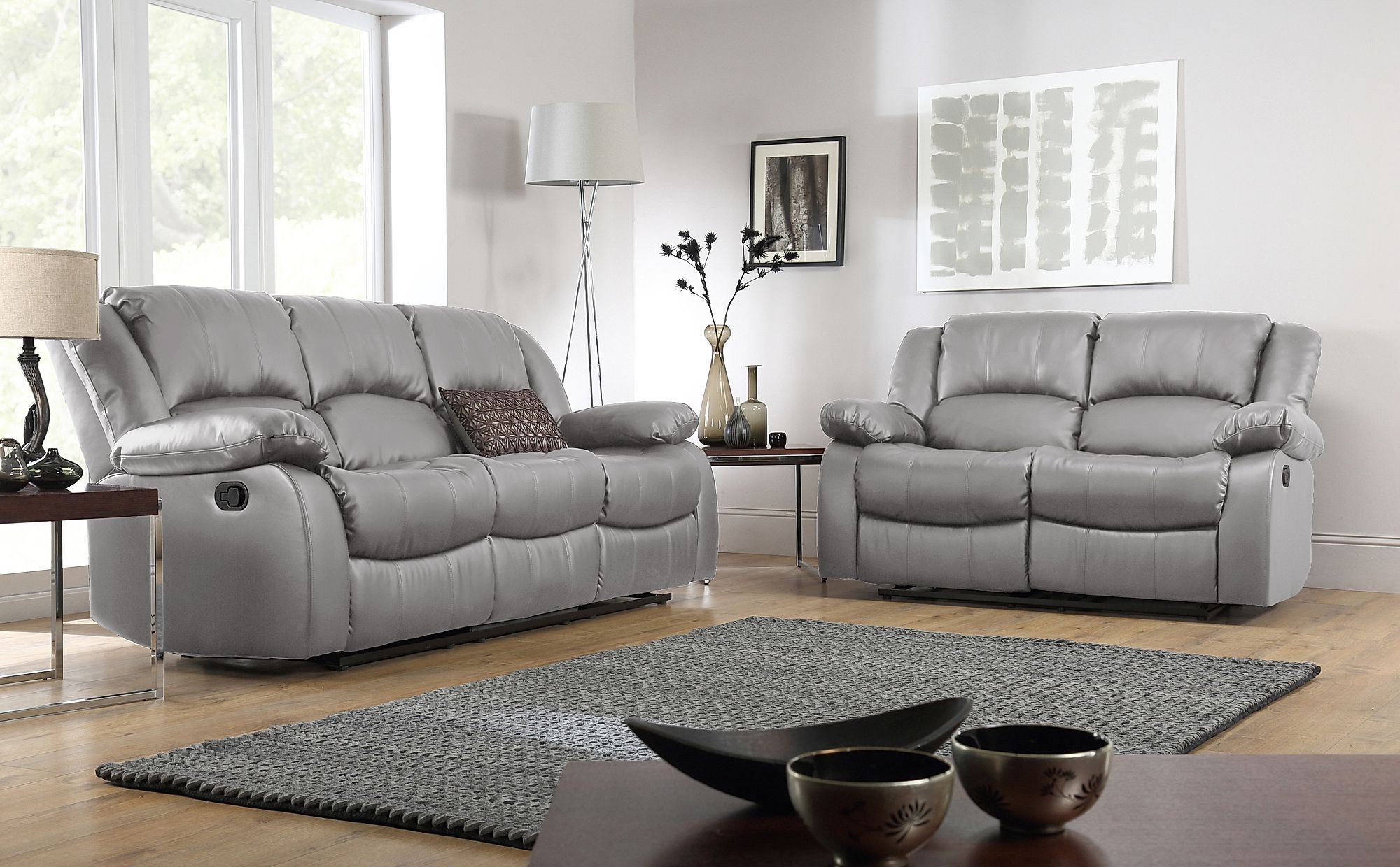 Dakota Light Grey Leather 3+2 Seater Recliner Sofa Set | Reclining Sofa Pertaining To Modern Light Grey Loveseat Sofas (View 10 of 20)