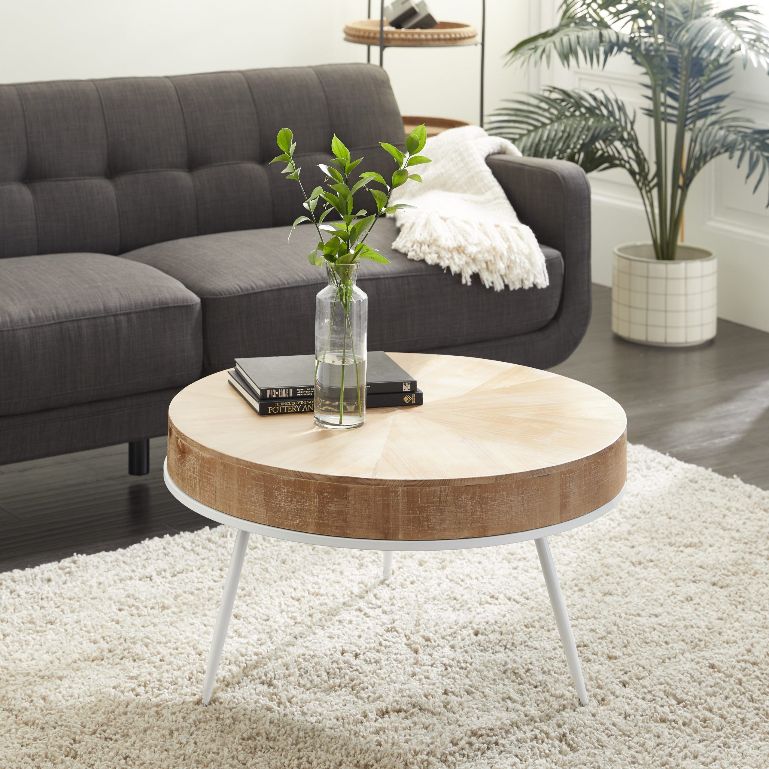 Decmode Round Natural Wood Top Coffee Table With Distressed White Metal In White T Base Seminar Coffee Tables (View 6 of 20)
