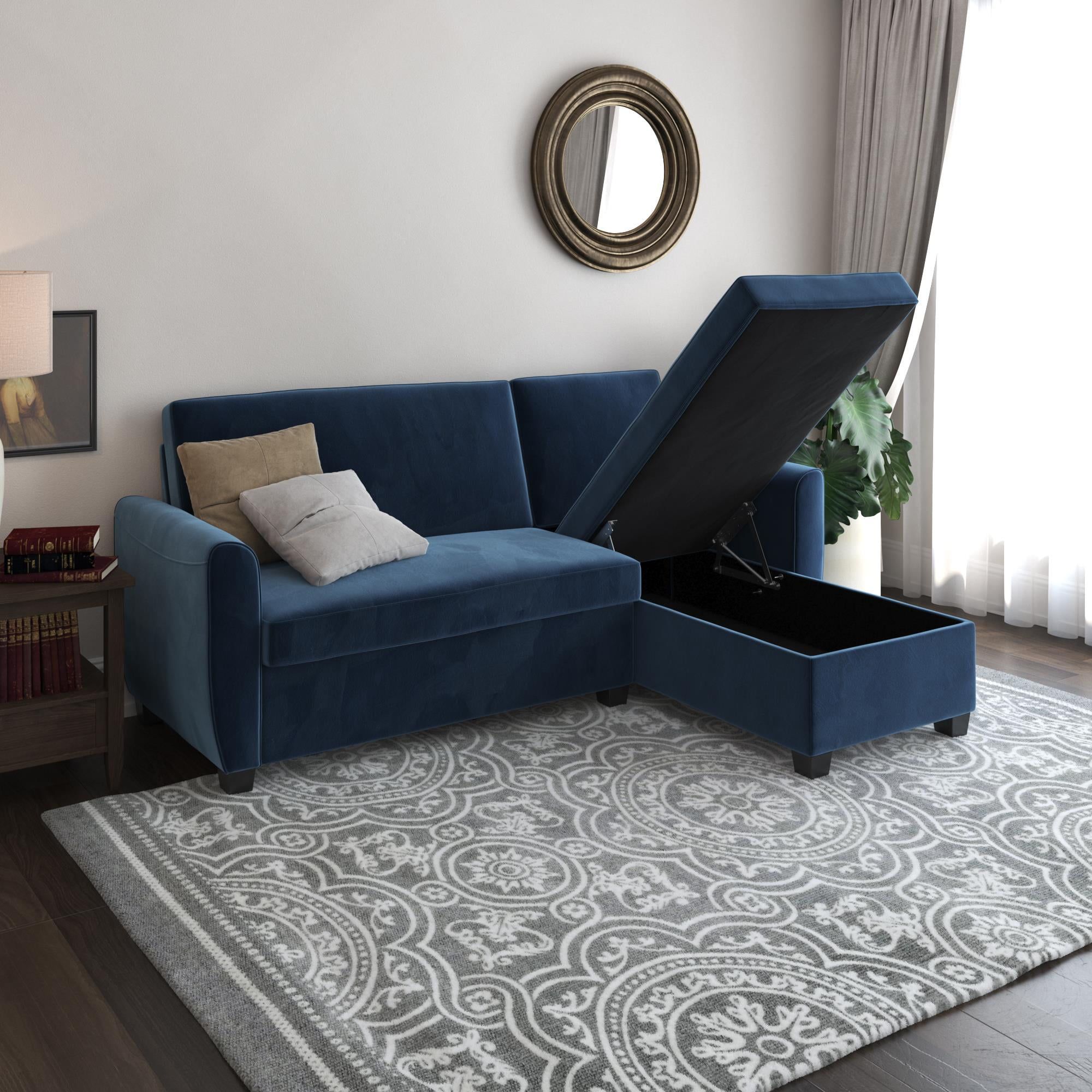 Dhp Noah Sectional Sofa Bed With Storage, Twin Frame, Dark Blue Velvet Pertaining To Modern Velvet Sofa Recliners With Storage (View 18 of 20)