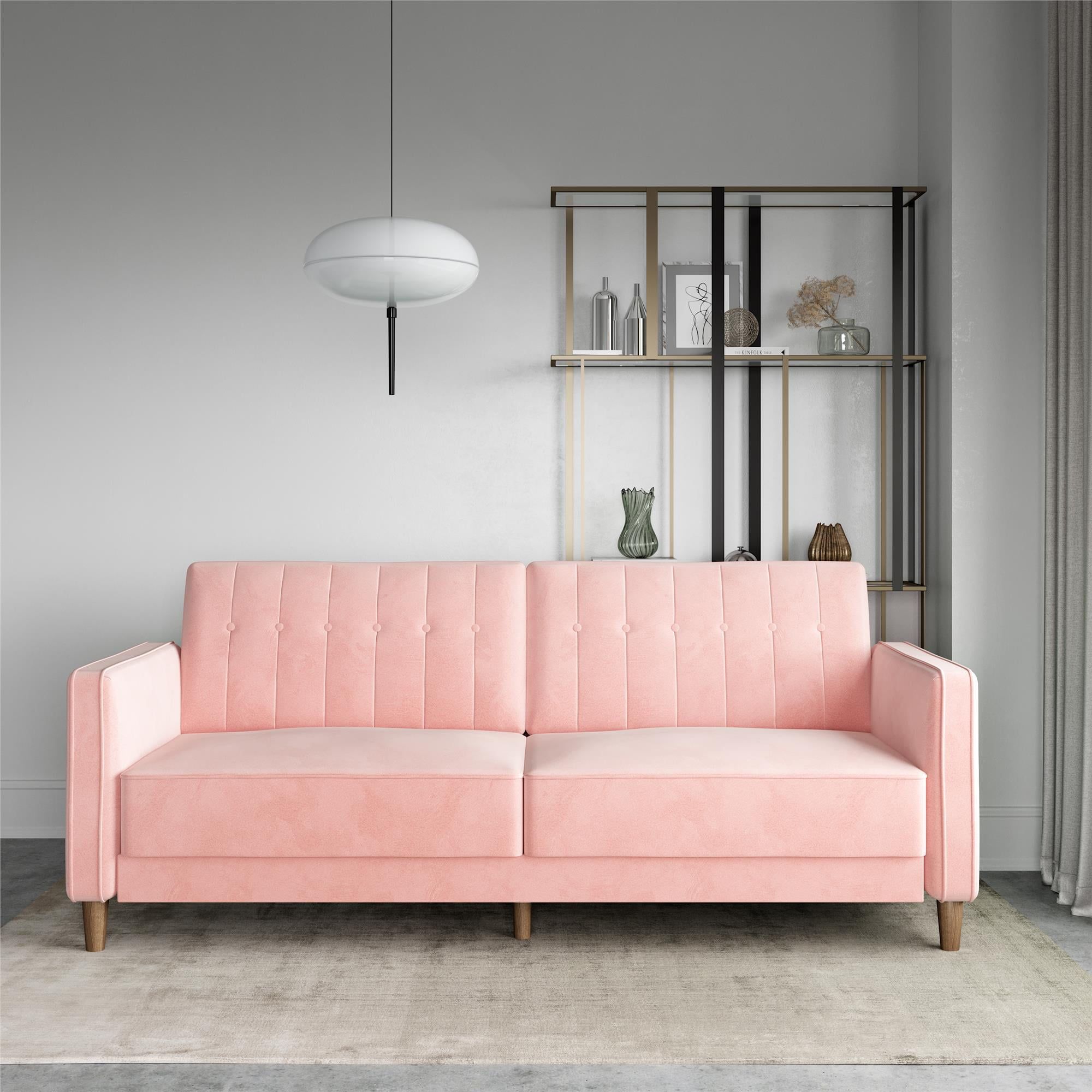 Dhp Pin Tufted Transitional Futon, Convertible Sofa Couch, Pink Velvet Within Tufted Convertible Sleeper Sofas (Gallery 9 of 20)