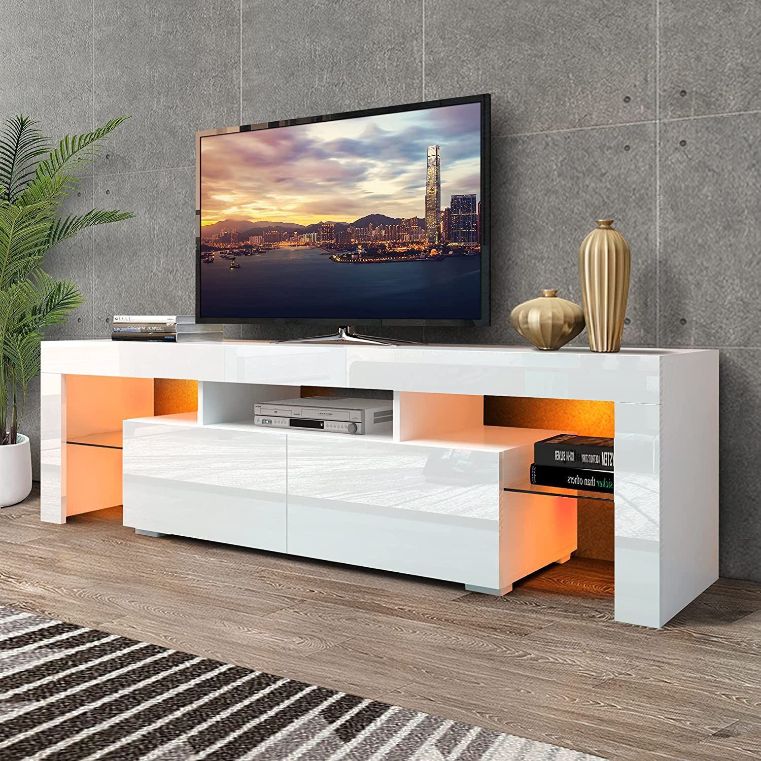 Dmaith Tv Stand | Ts003 Tv Stand With Led Lights | 2 Drawers And Open Within Tv Stands With Led Lights & Power Outlet (View 7 of 20)