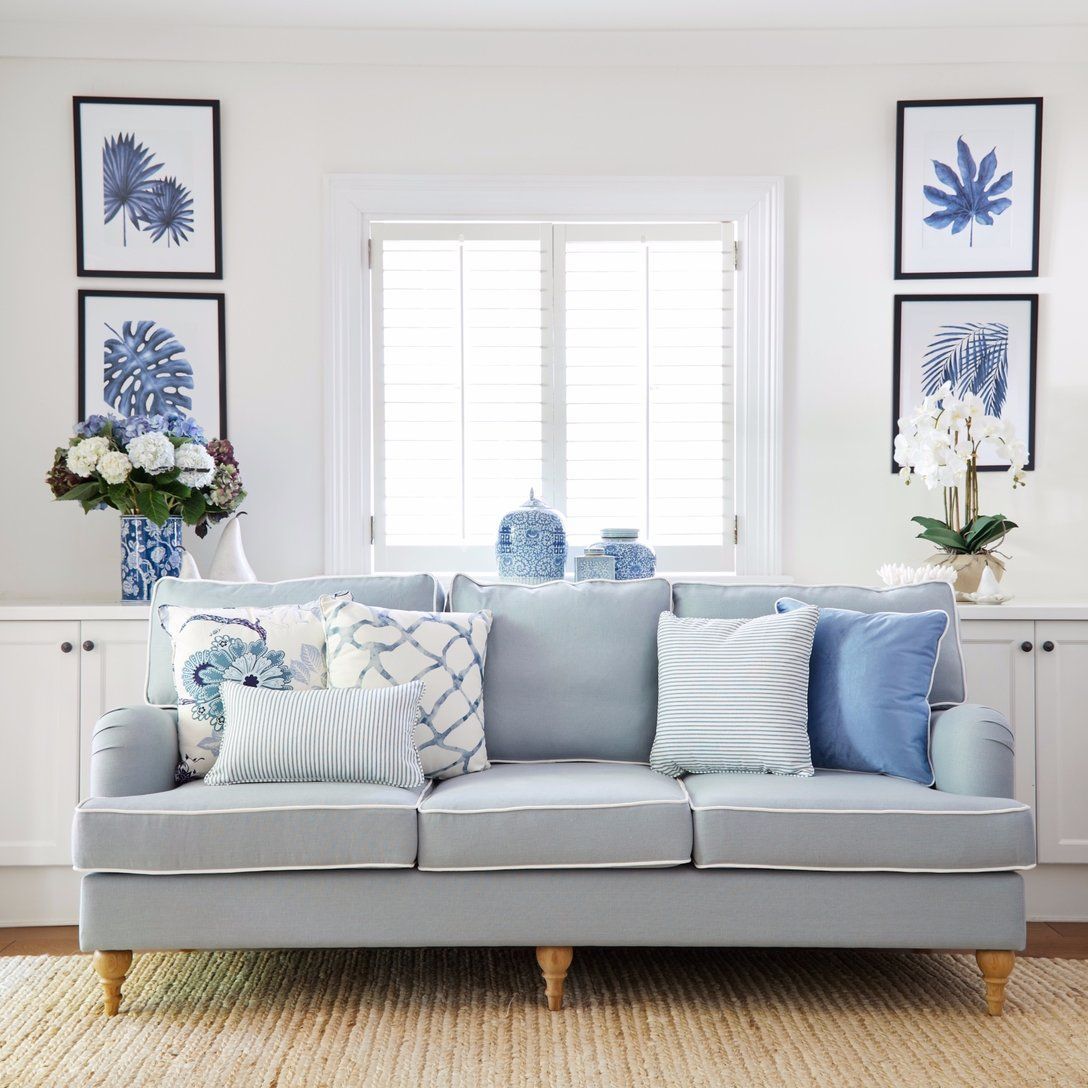 Duck Egg Blue Linen Roll Arm Sofa – 2 Sizes Available | Hamptons Living Regarding Modern Blue Linen Sofas (View 8 of 20)