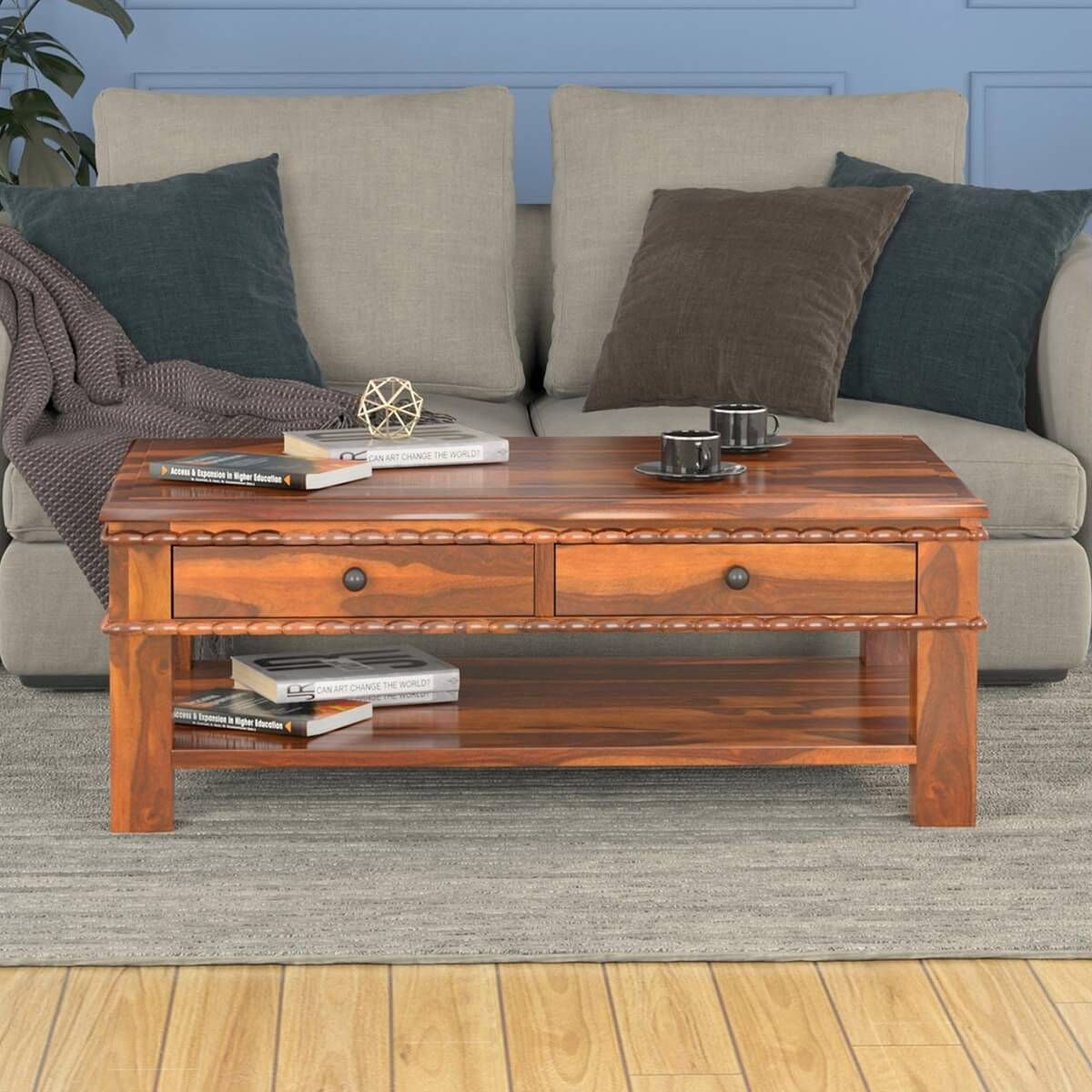 Everett Stylish 100% Handcrafted Solid Wood 2 Tier Coffee Table With Regard To Modern Wooden X Design Coffee Tables (View 16 of 20)