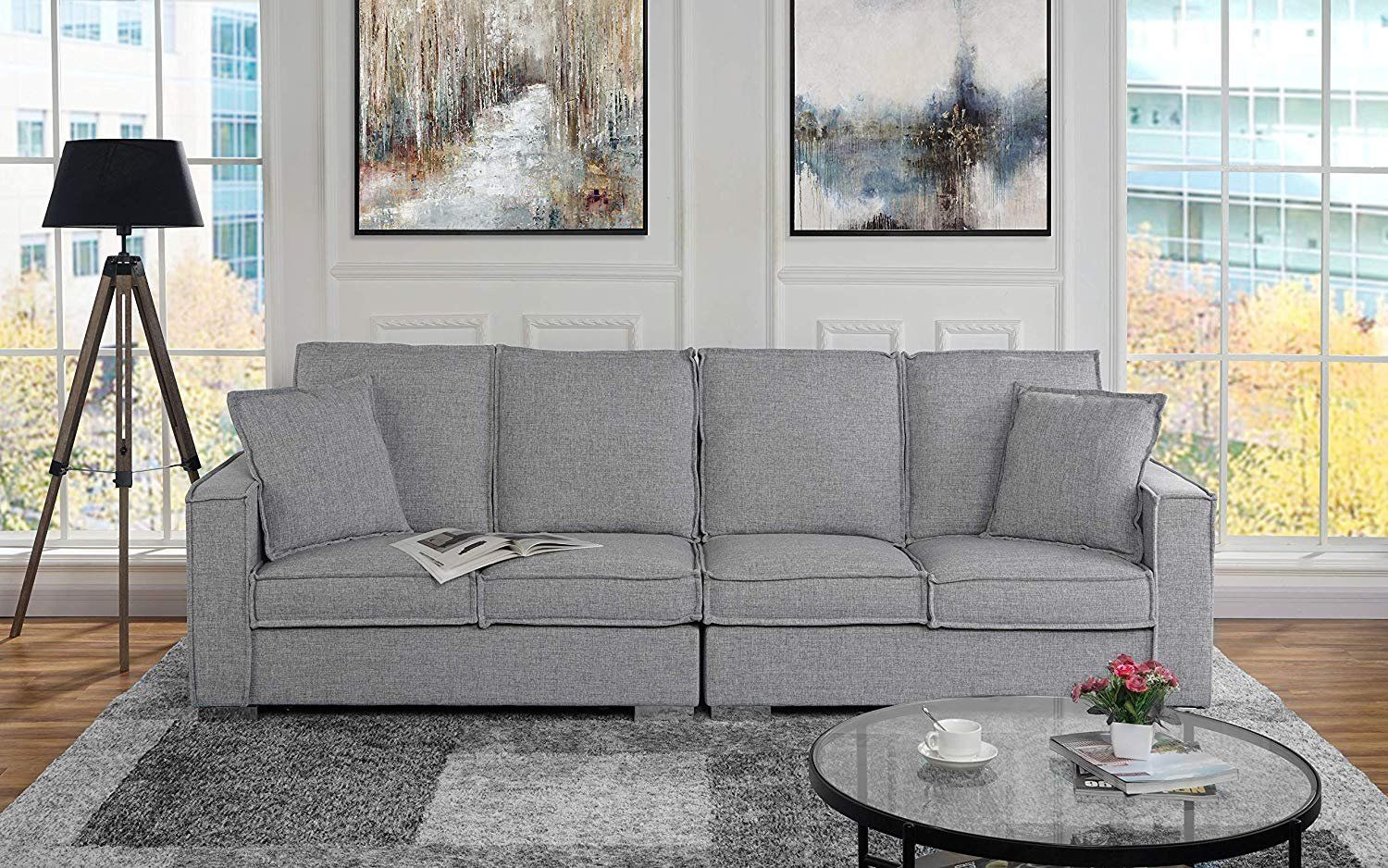 Extra Large Living Room Linen Fabric Sofa, 4 Seat Couch Low Profile Within Gray Linen Sofas (Gallery 10 of 20)