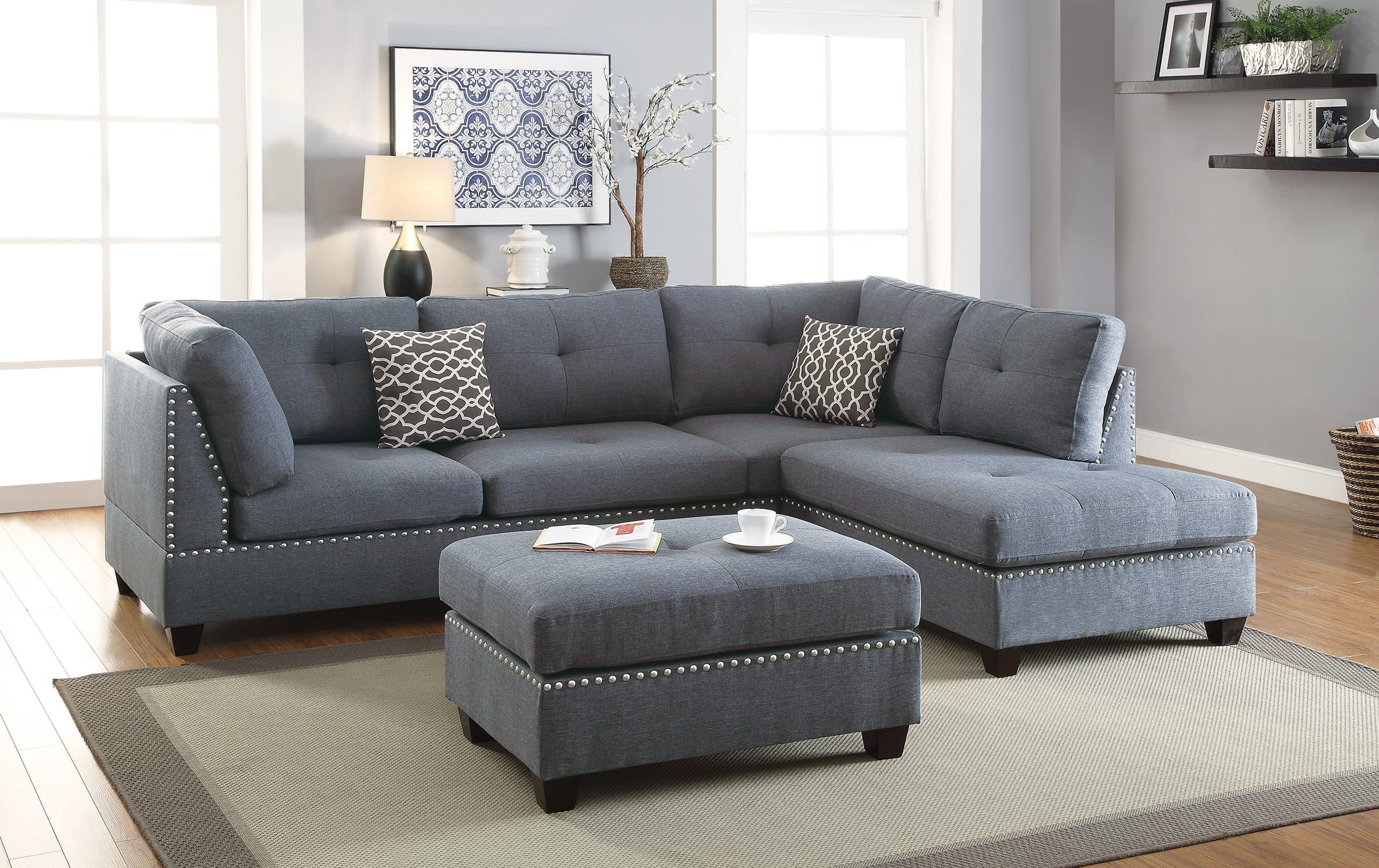 F6975 Blue Gray 3 Pcs Sectional Sofa Setpoundex Intended For Sofas In Bluish Grey (View 2 of 20)