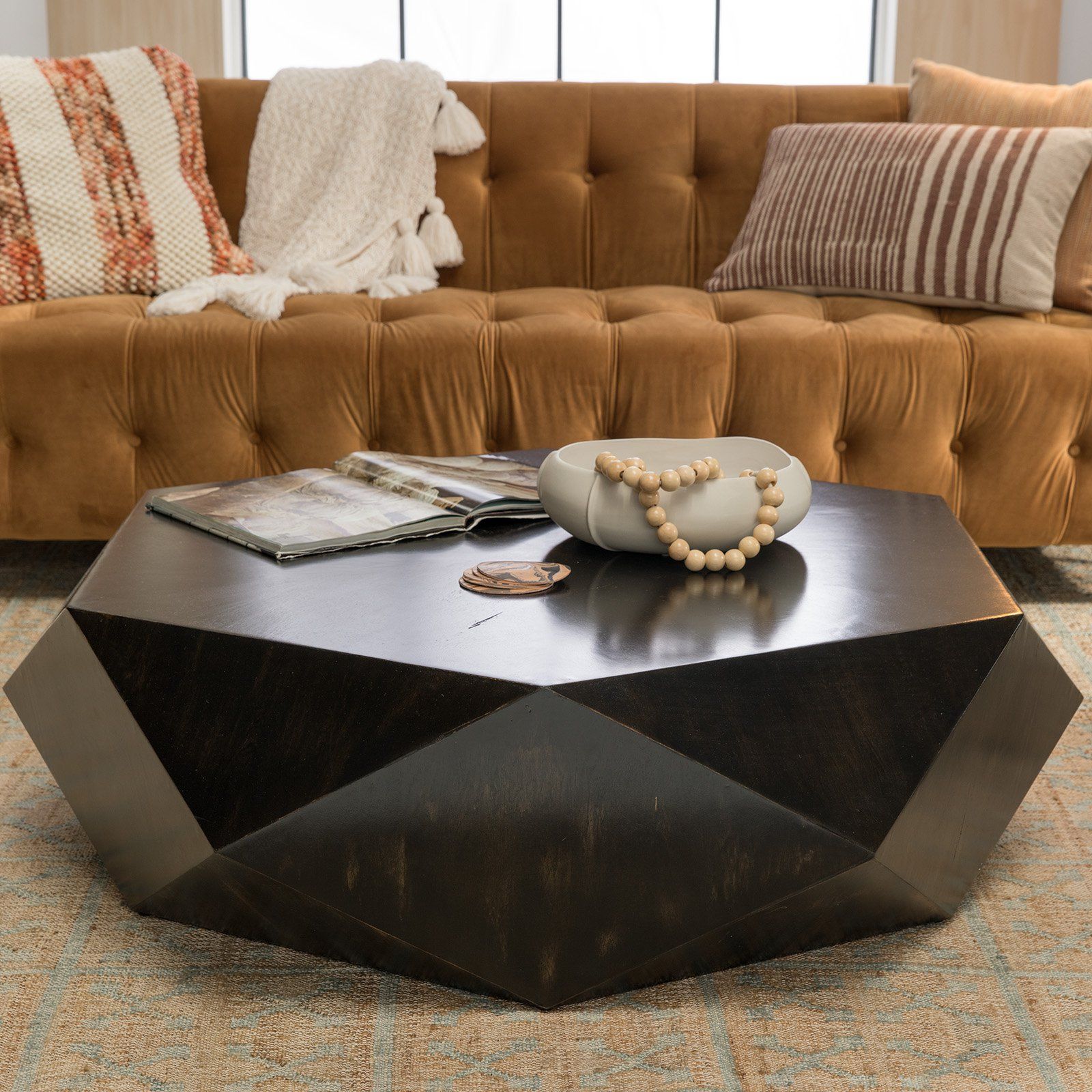 Faceted Large Geometric Coffee Table Round Black Wood Modern Block In Coffee Tables With Solid Legs (Gallery 15 of 20)