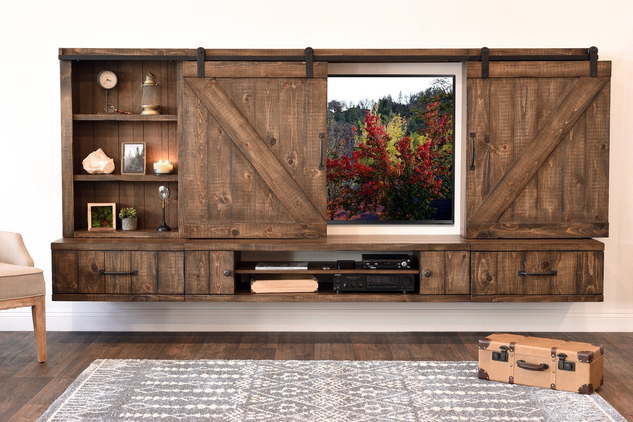 Farmhouse Barn Door Entertainment Center Floating Tv Stand – Spice For Farmhouse Stands With Shelves (Gallery 9 of 20)