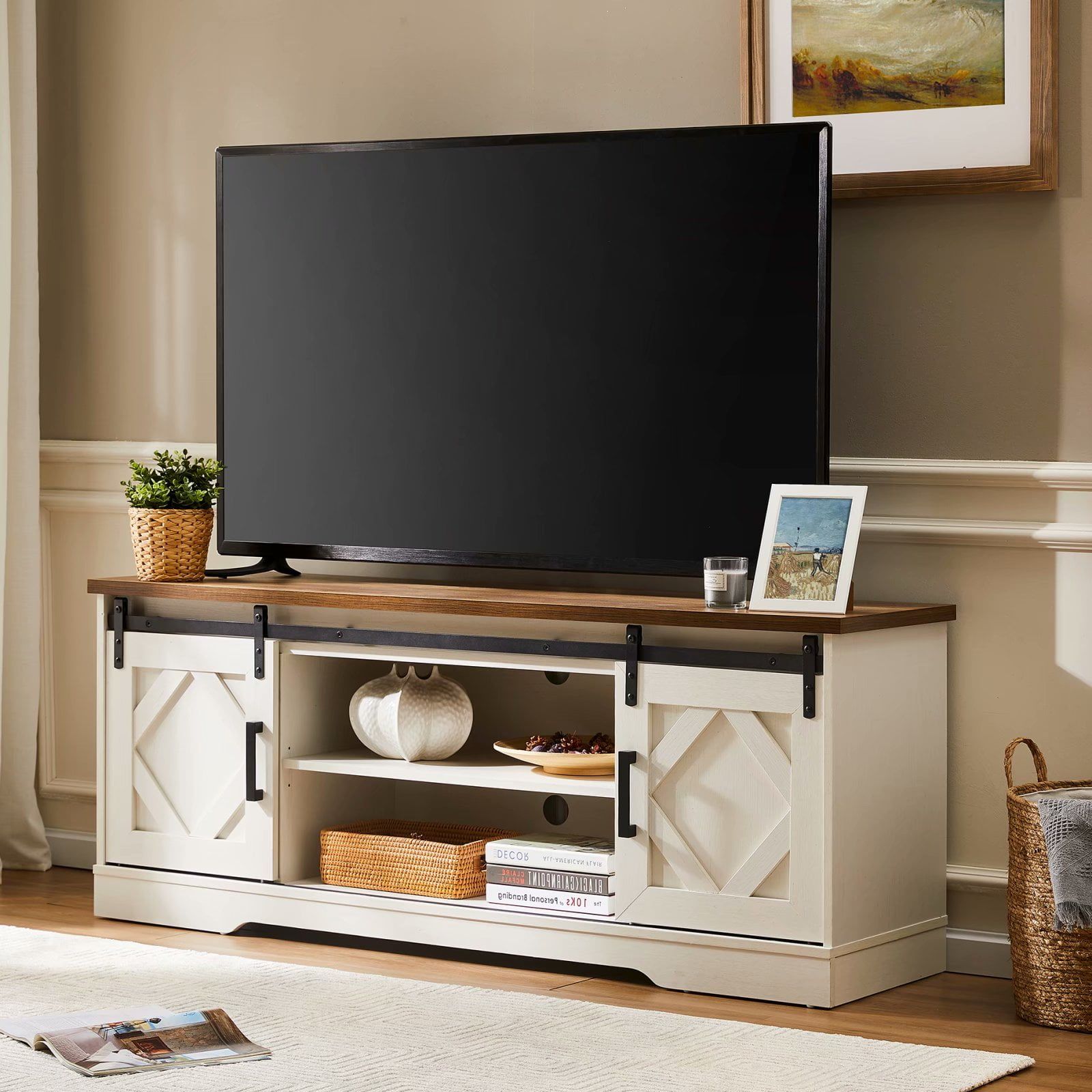 Farmhouse Tv Stand For Tv Up To 65", Sliding Barn Door Entertainment Inside Barn Door Media Tv Stands (Gallery 20 of 20)