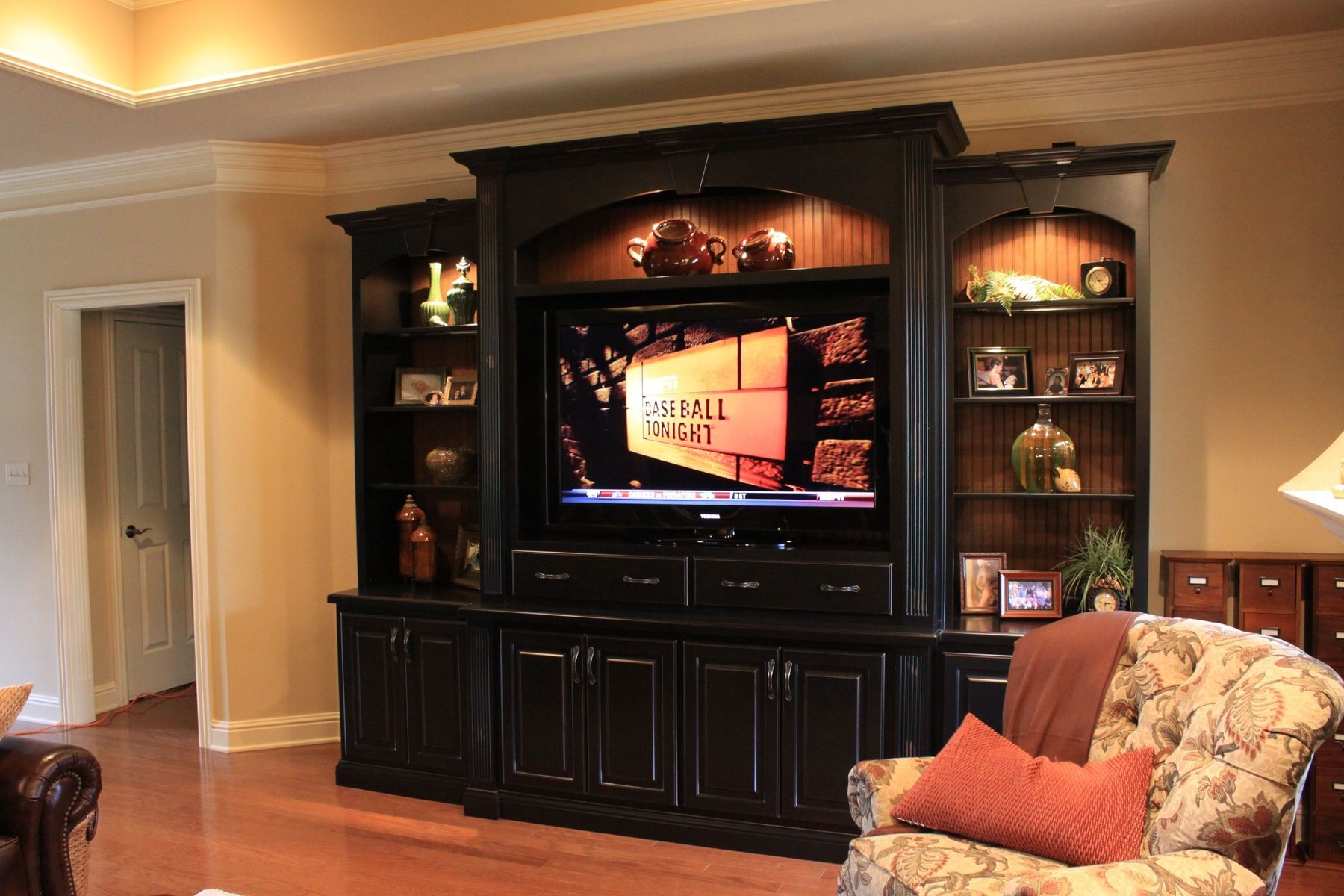 Fascintng Black Entertainment Center Cabinets In Family Room With Flat In Black Rgb Entertainment Centers (View 17 of 20)