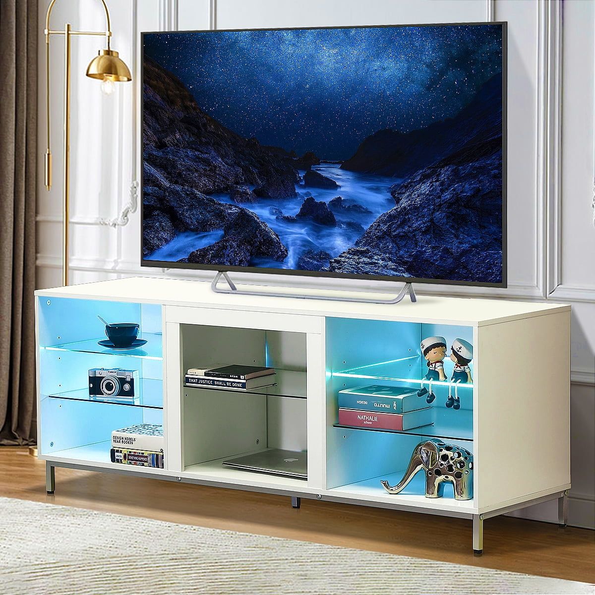 Fireplace Tv Stand With Lights For 70 Inch Tv, Modern Tv Stand / Tv Regarding Tv Stands With Led Lights &amp; Power Outlet (View 12 of 20)