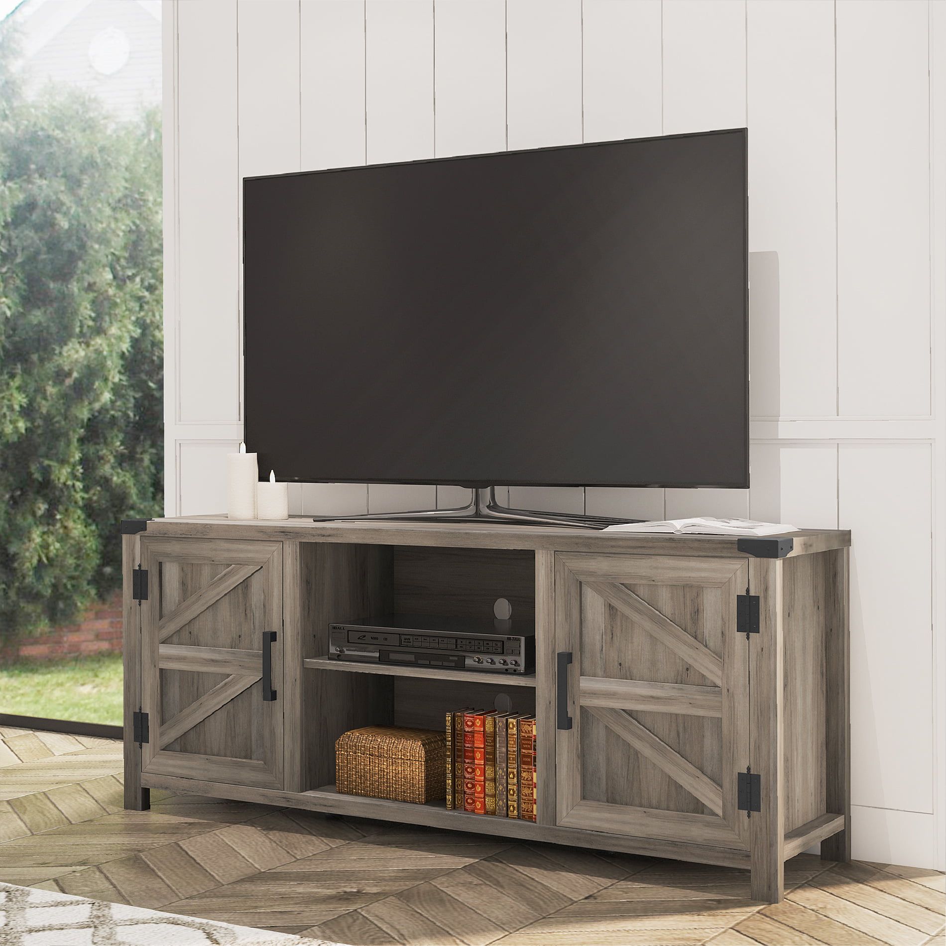 Fitueyes Farmhouse Barn Door Wood Tv Stands For 70'' Flat Screen, Media Regarding Farmhouse Tv Stands For 70 Inch Tv (View 17 of 20)