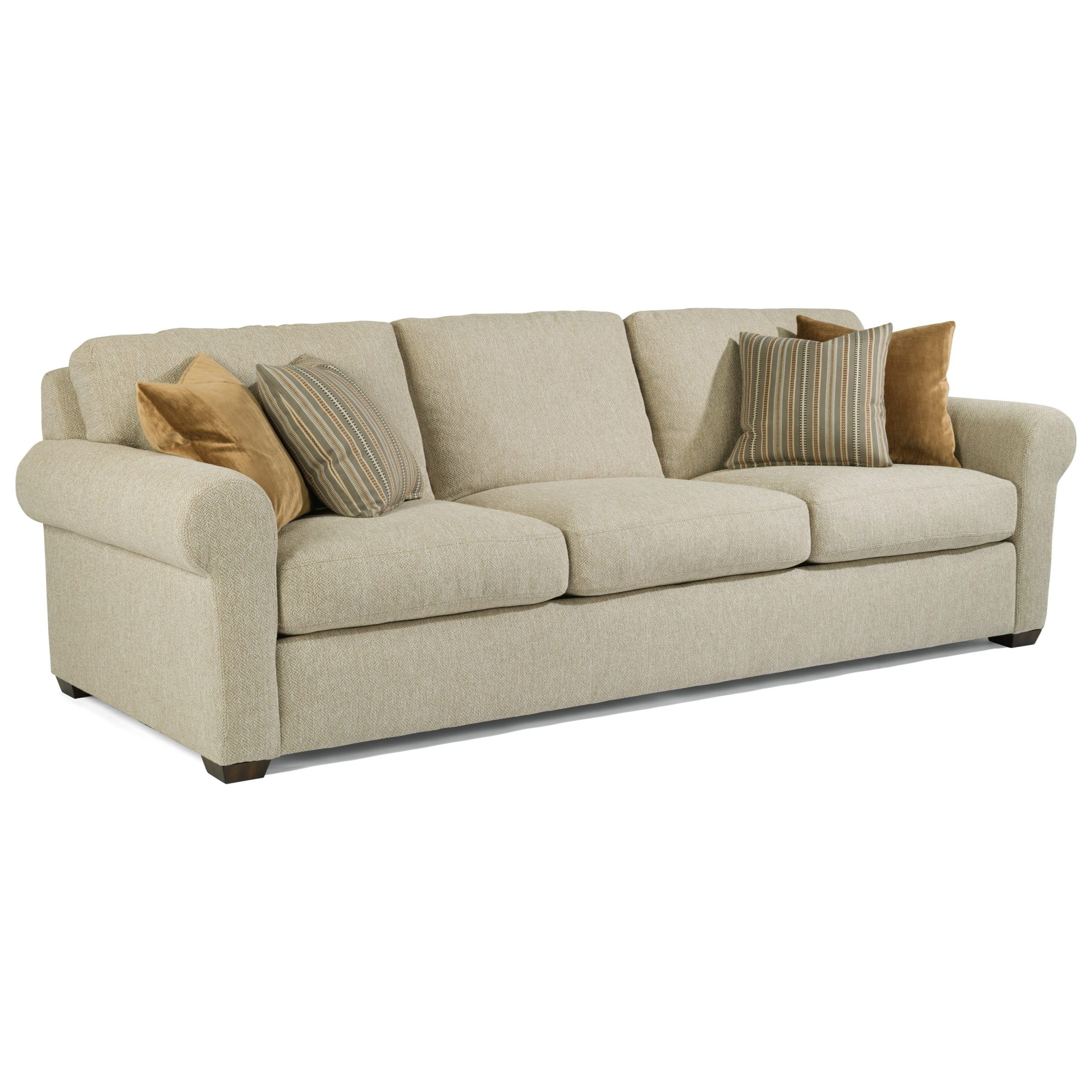 Flexsteel Randall Transitional 105" Three Cushion Sofa With Rolled Arms Inside Sofas With Pillowback Wood Bases (Gallery 6 of 20)