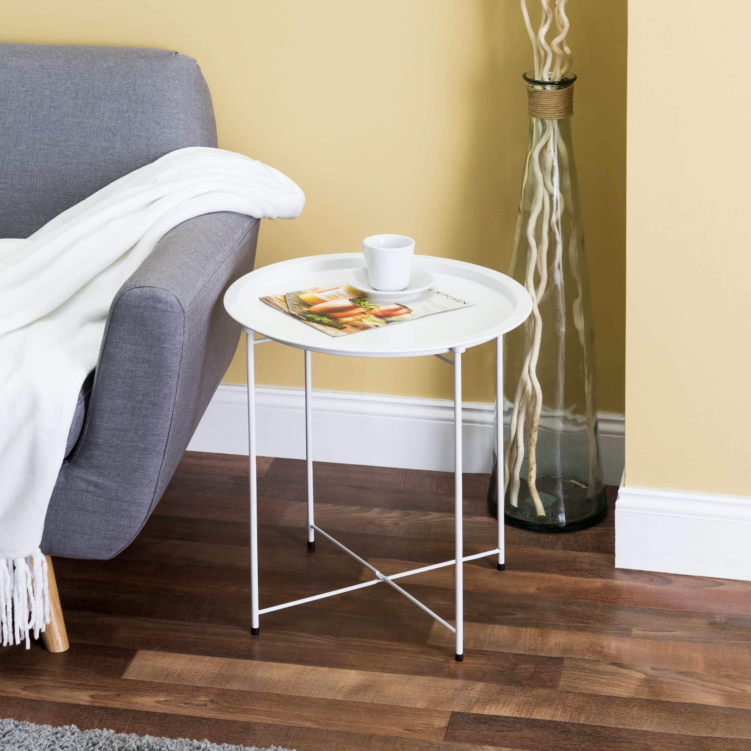 Foldable Round Multi Purpose Side Accent Metal Table, Matte White Inside Metal Side Tables For Living Spaces (Gallery 6 of 20)