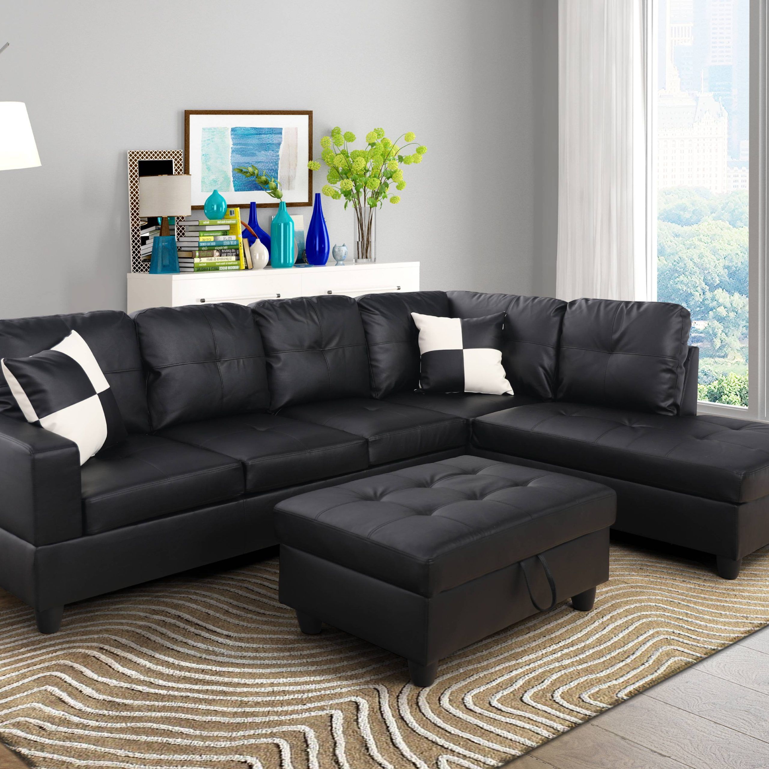 For U Furnishing Classic Black Faux Leather Sectional Sofa, Right Pertaining To Faux Leather Sectional Sofa Sets (Gallery 1 of 21)