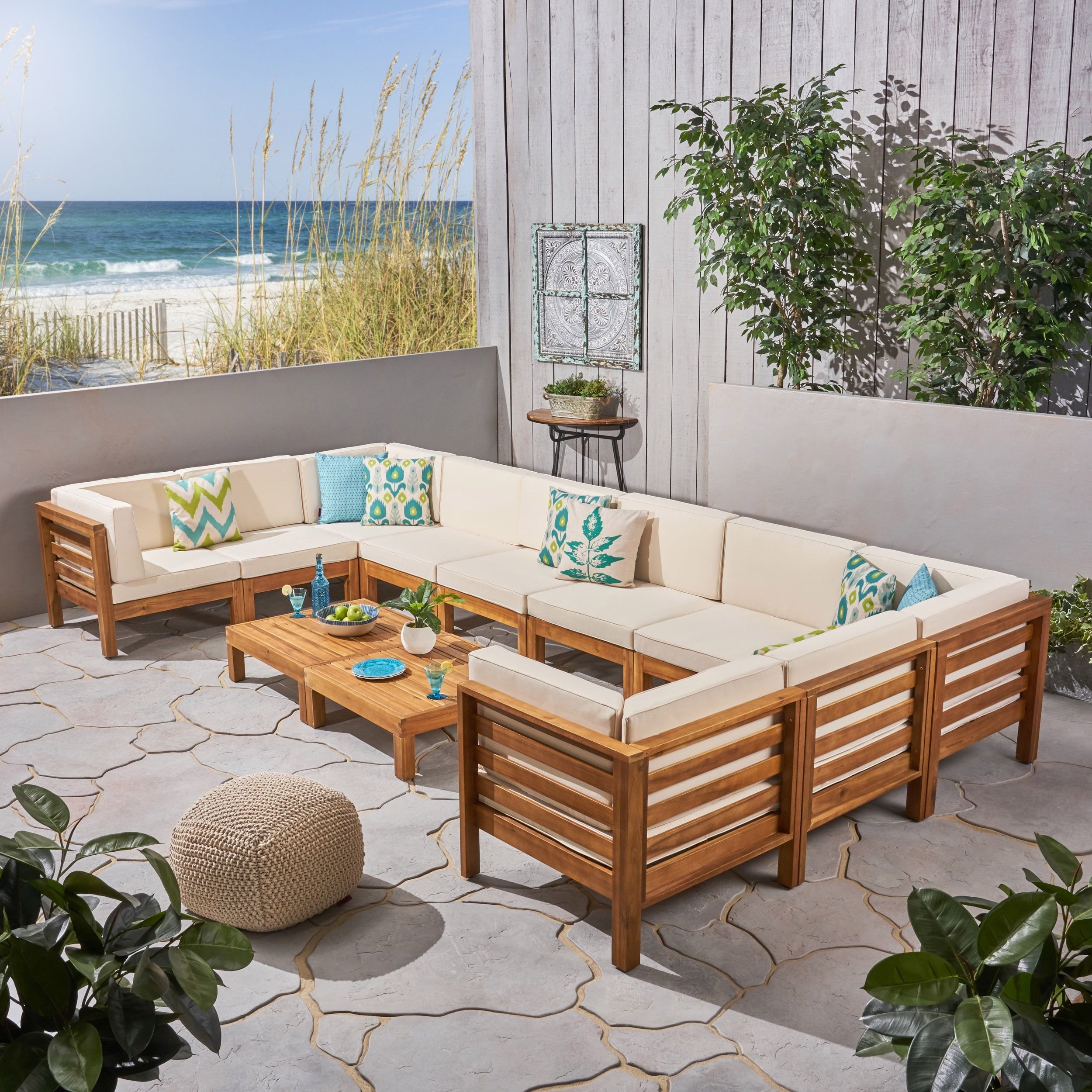 Frankie Outdoor 12 Piece Acacia Wood U Shaped Sectional Sofa Set With With Regard To U Shaped Couches In Beige (View 6 of 20)