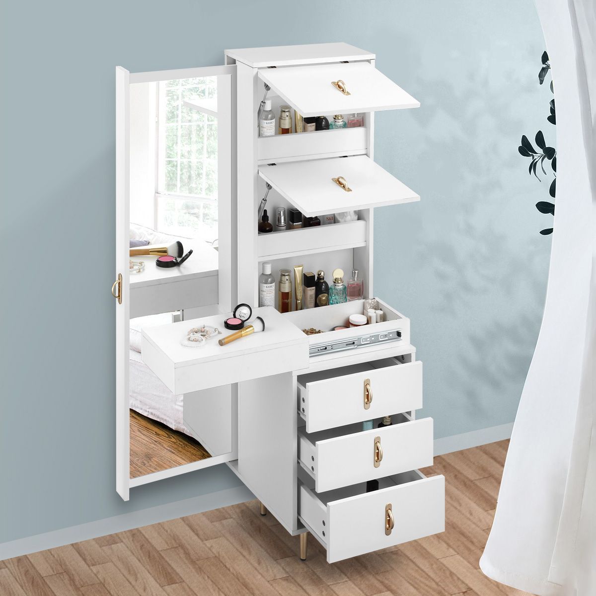 Freestanding Wooden Dressing Cabinet Table With Full Length Mirror For Freestanding Tables With Drawers (View 11 of 20)