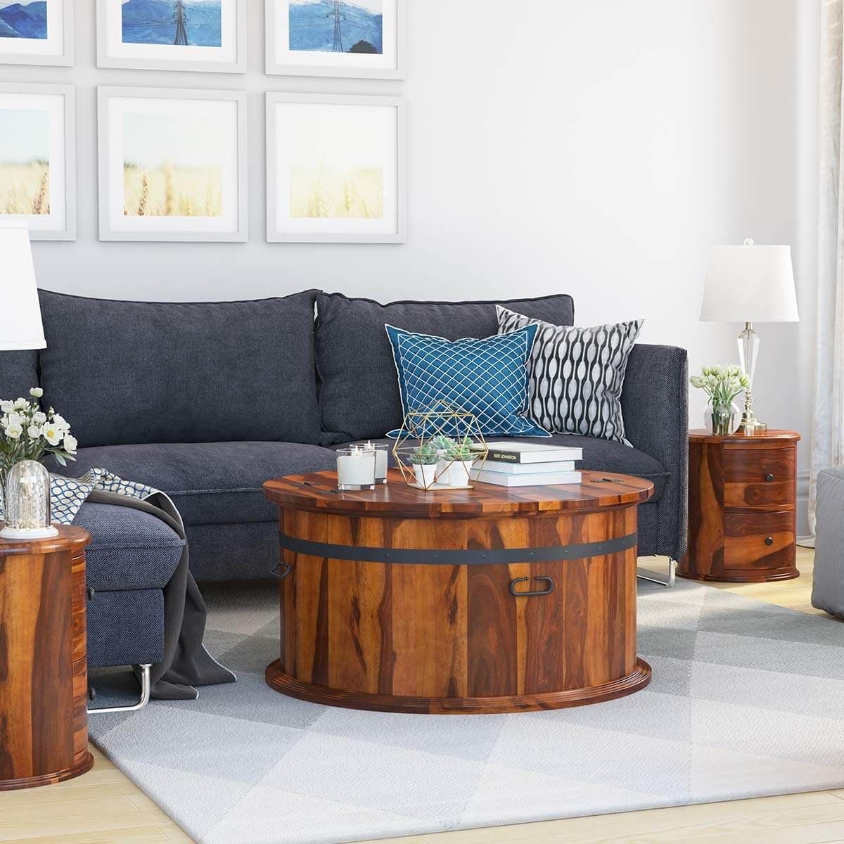Friant Rustic Solid Wood Top Open Storage Round Coffee Table With Regard To Round Coffee Tables With Storage (View 7 of 20)