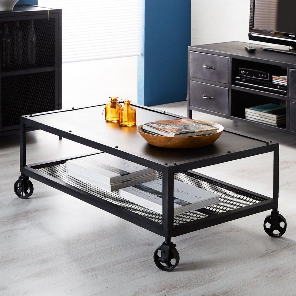 Fritz Industrial Style Black Metal Coffee Table With Wheels | Ohi Throughout Studio 350 Black Metal Coffee Tables (View 2 of 20)
