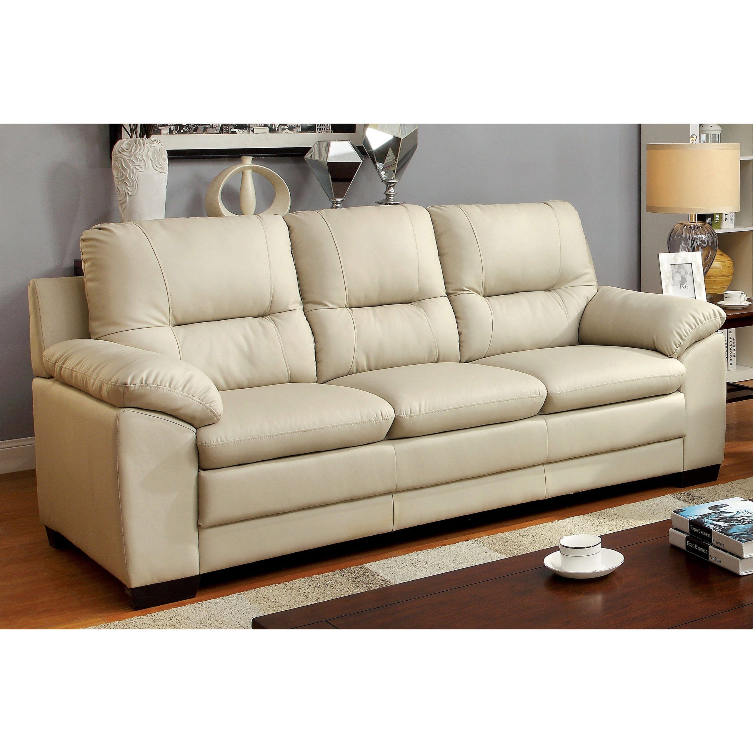 Furniture Of America Contemporary Faux Leather Truman Sofa, Ivory Intended For Faux Leather Sofas (View 2 of 21)
