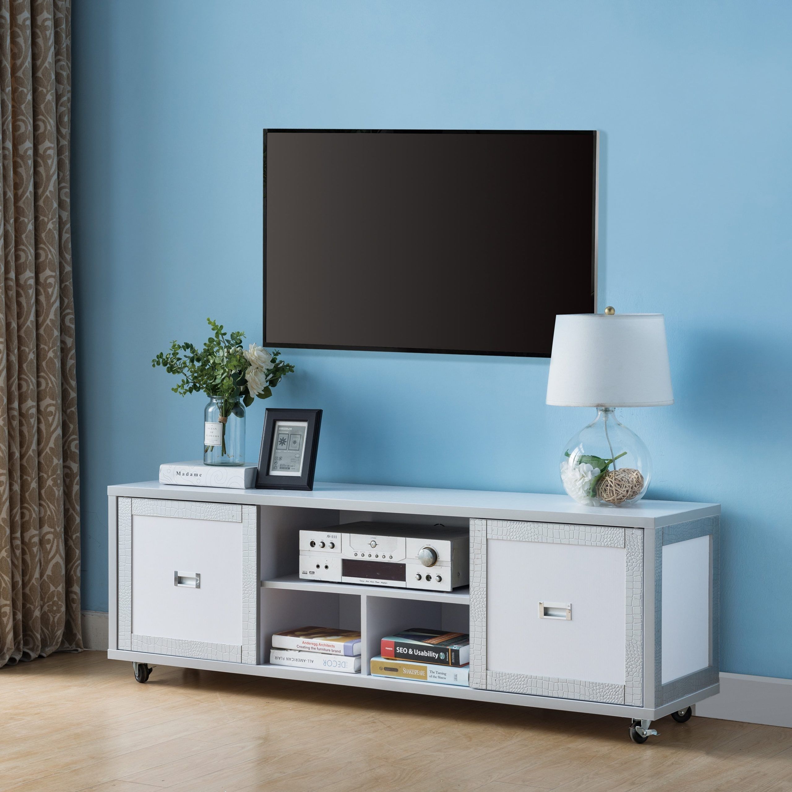 Furniture Of America Gaur Contemporary 60 Inch White 3 Shelf Tv Stand Throughout Modern Stands With Shelves (View 8 of 20)