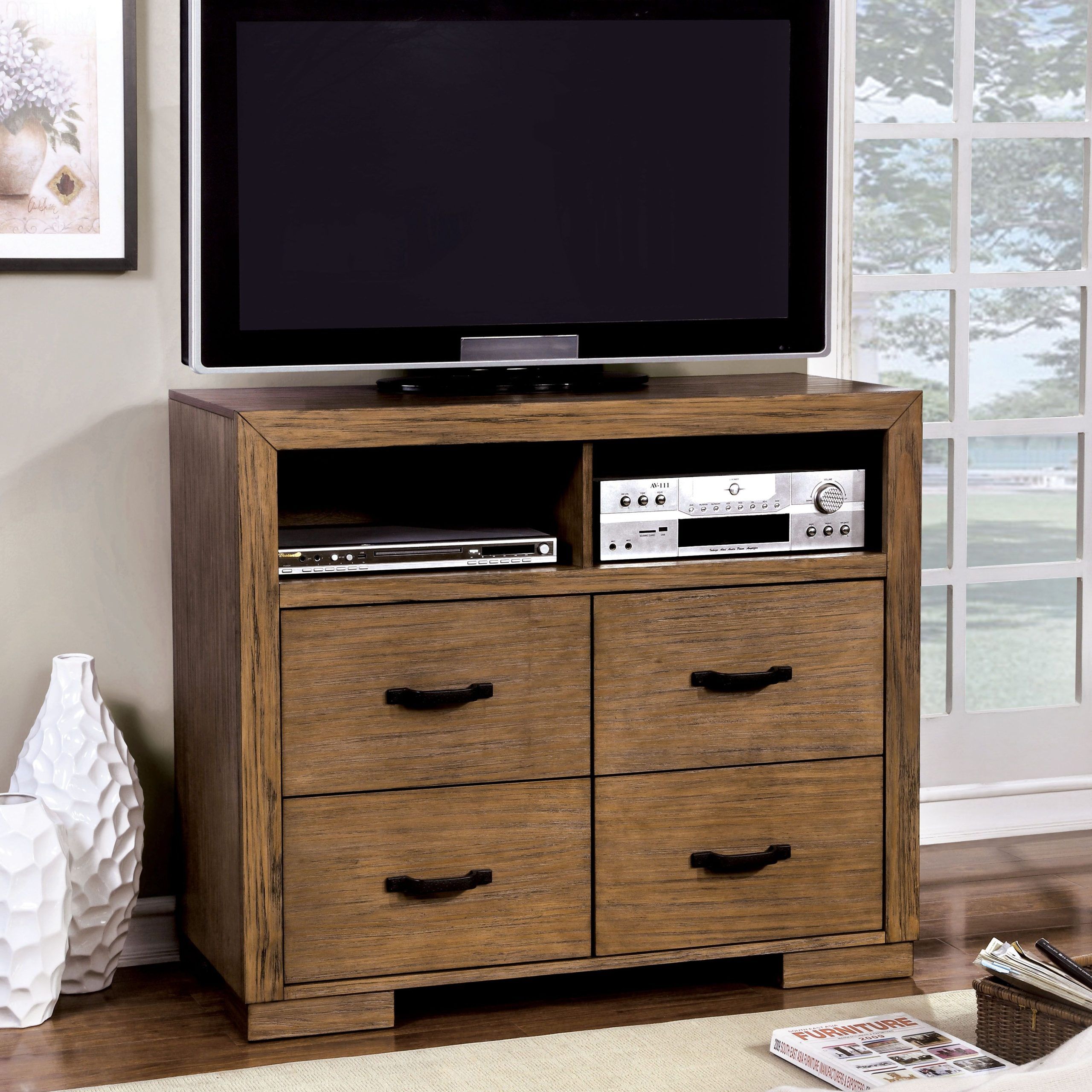 Furniture Of America Redik Transitonal Style 4 Drawer Media Chest In 110&quot; Tvs Wood Tv Cabinet With Drawers (Gallery 9 of 20)