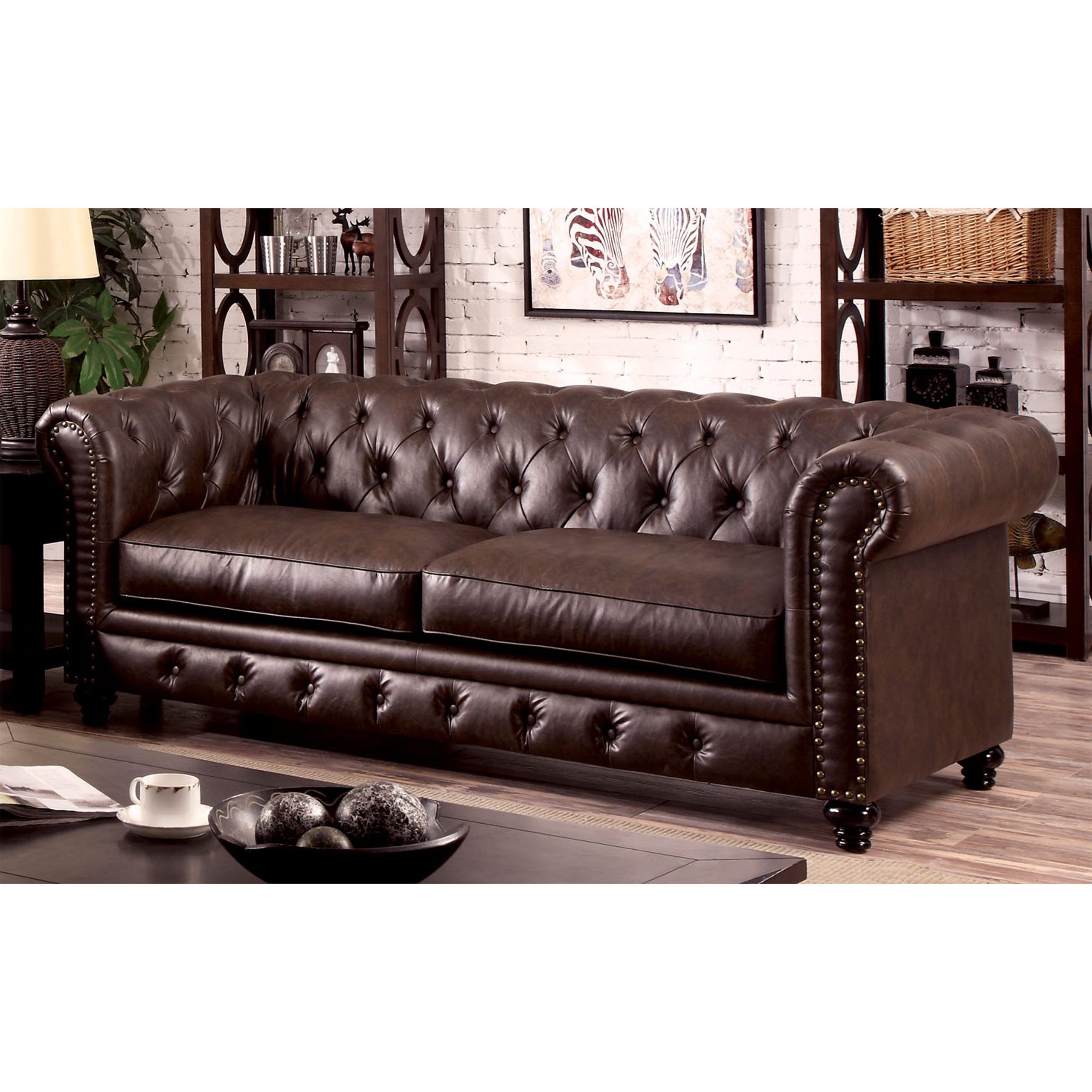 Furniture Of America Tufted Glam Faux Leather Nyssa Tuxedo Sofa, Brown For Faux Leather Sofas In Dark Brown (Gallery 5 of 20)