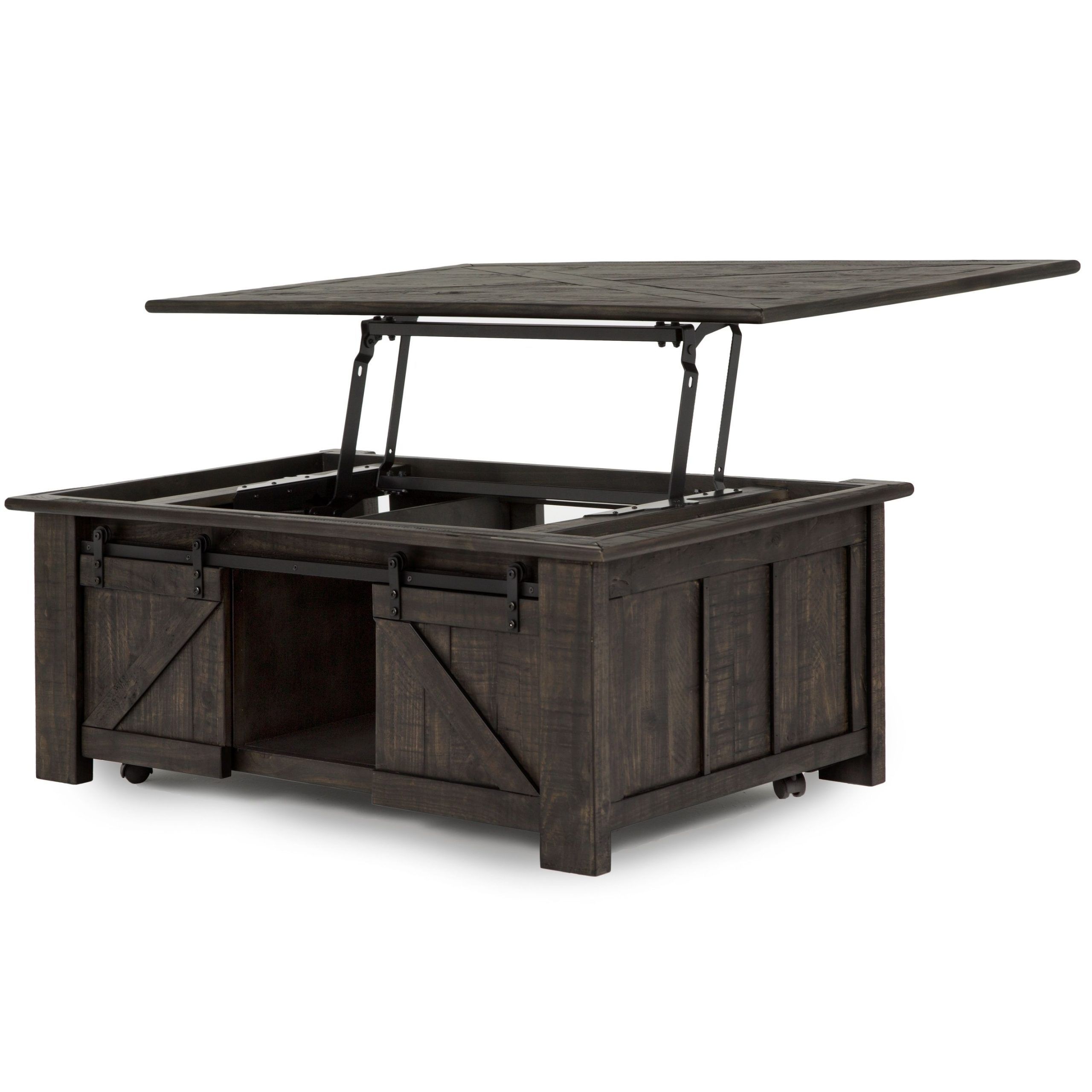 Garrett Rustic Weathered Charcoal Lift Top Sliding Door Coffee Table With Coffee Tables With Sliding Barn Doors (View 9 of 20)
