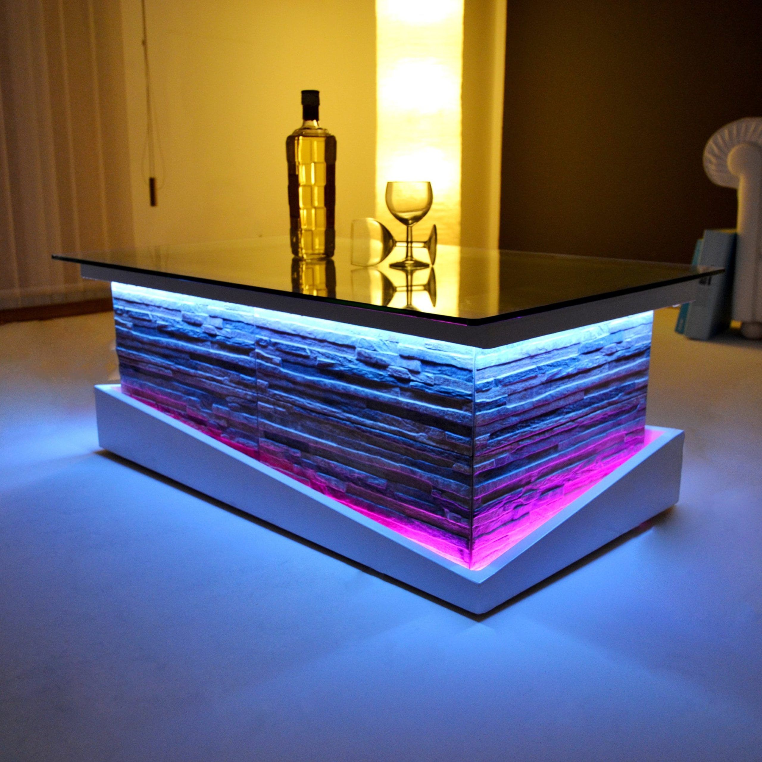 Glass Coffee Table With Led Lights Rustic / Modern Design | Etsy In Coffee Tables With Drawers And Led Lights (View 12 of 20)