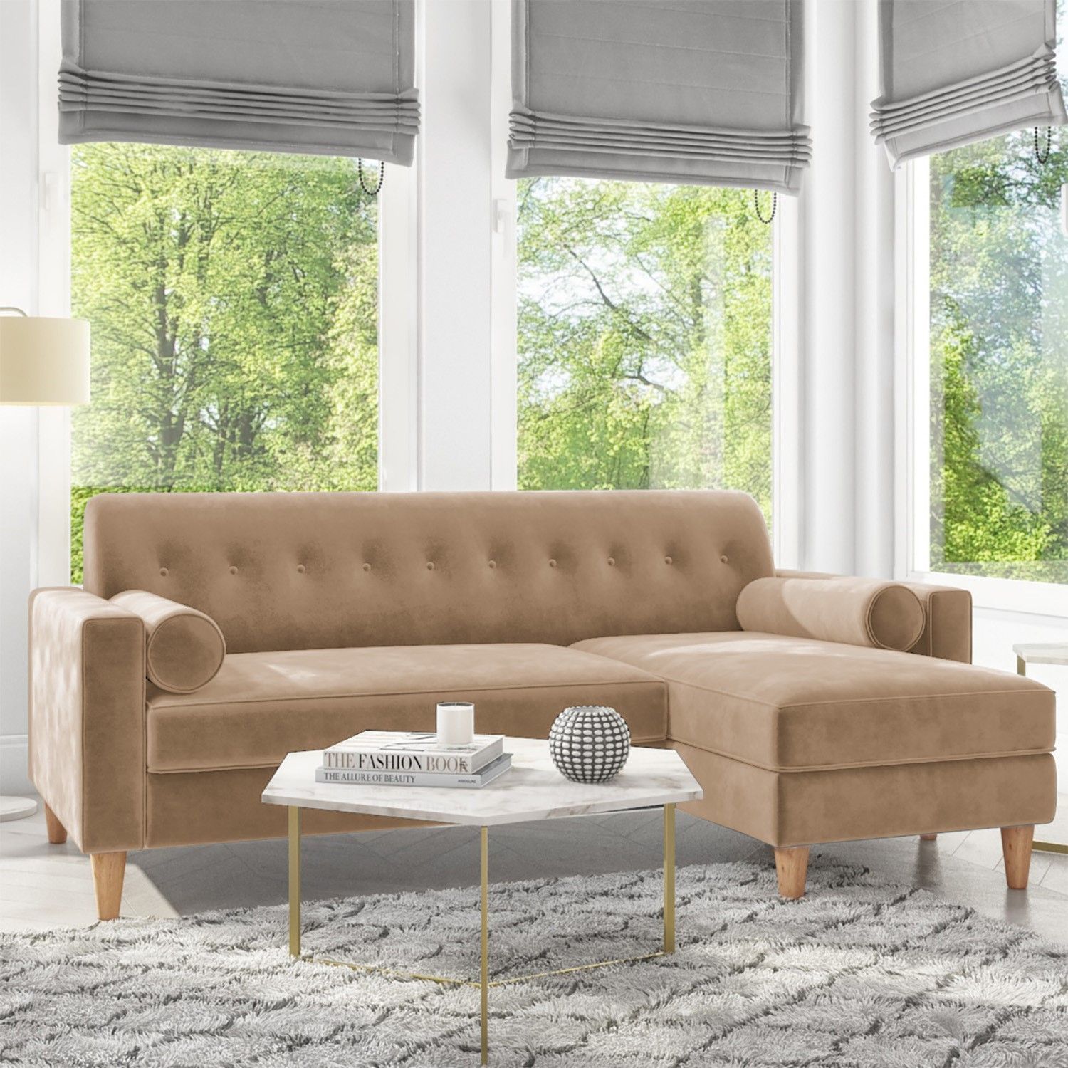 Grade A2 – Beige Velvet 3 Seater L Shaped Sofa In Velvet – Right Hand Within Elegant Beige Velvet Sofas (View 17 of 20)