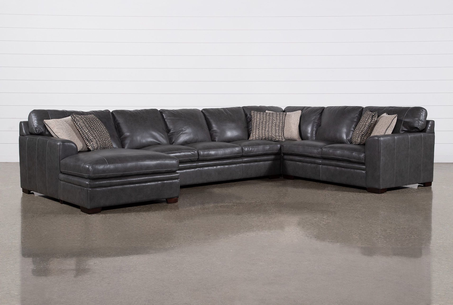 Greer Dark Grey Leather 4 Piece 166" Modular Sectional With Left Arm Regarding Dark Gray Sectional Sofas (View 10 of 20)