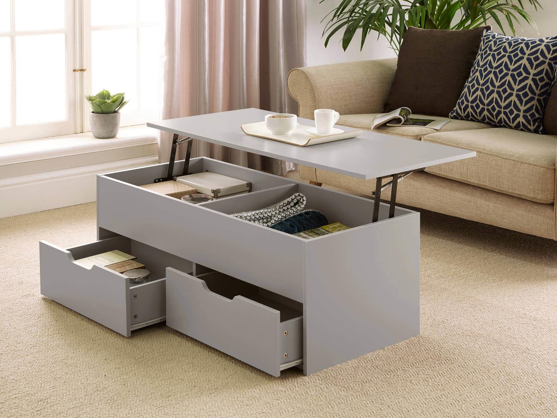 Grey Wooden Coffee Table With Lift Up Top And 2 Large Storage Drawers Pertaining To Lift Top Coffee Tables With Storage Drawers (Gallery 8 of 20)