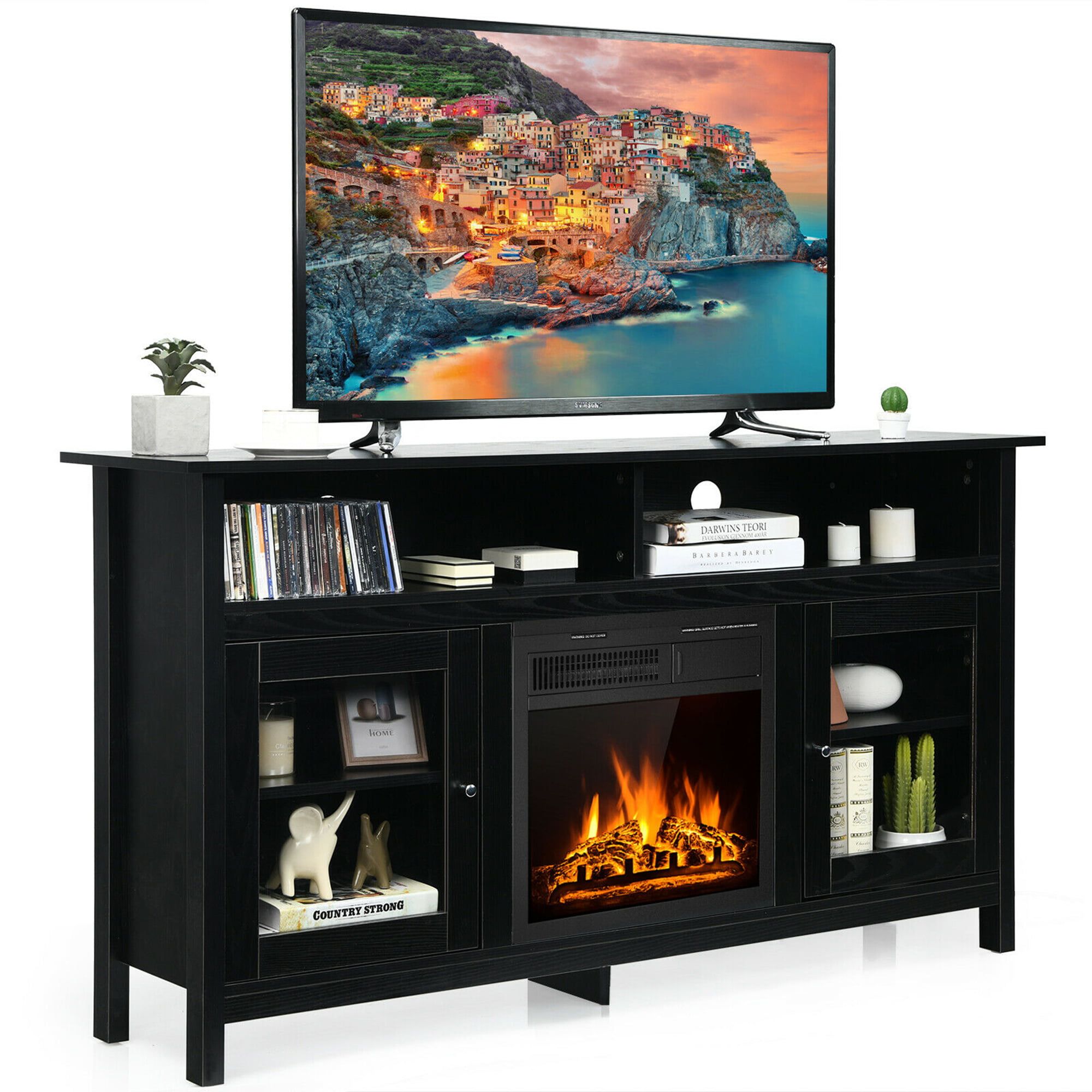 Gymax 58'' Fireplace Tv Stand W/18'' 1500w Electric Fireplace Up To 65 Pertaining To Electric Fireplace Tv Stands (View 13 of 20)
