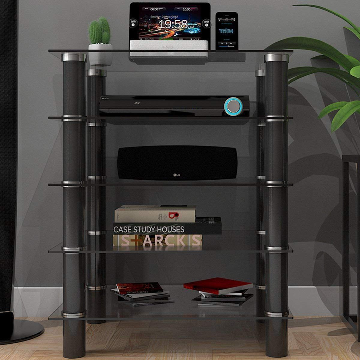 Hamlin Clear Glass Component Stand – Entertainment Center, Home Theater For Tier Stand Console Cabinets (View 15 of 20)