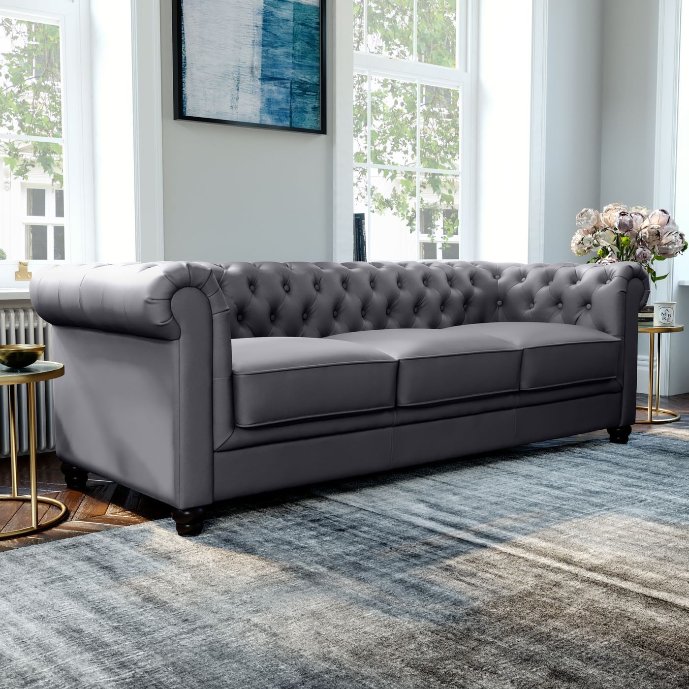 Hampton Grey Leather 3 Seater Chesterfield Sofa | Furniture Choice Inside Chesterfield Sofas (View 20 of 21)
