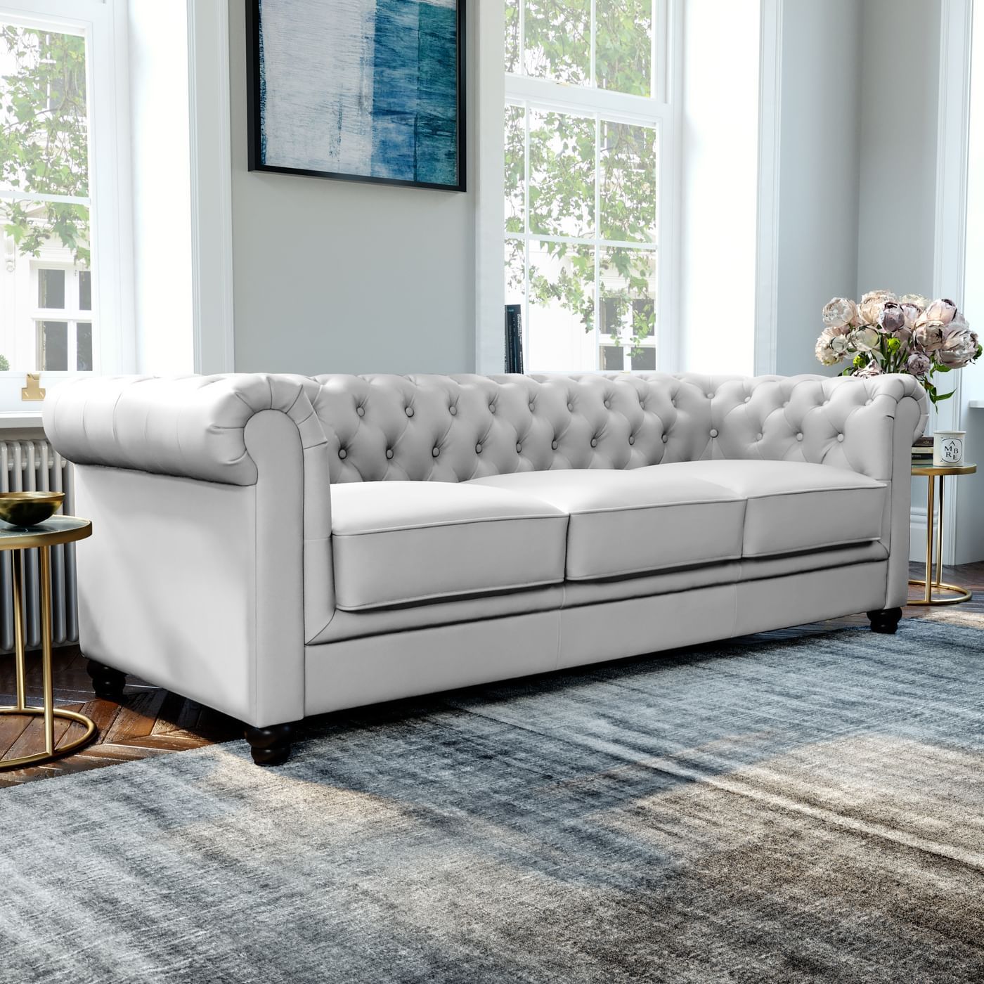 Hampton Light Grey Leather 3 Seater Chesterfield Sofa | Furniture Choice With Regard To Sofas In Light Gray (View 2 of 22)