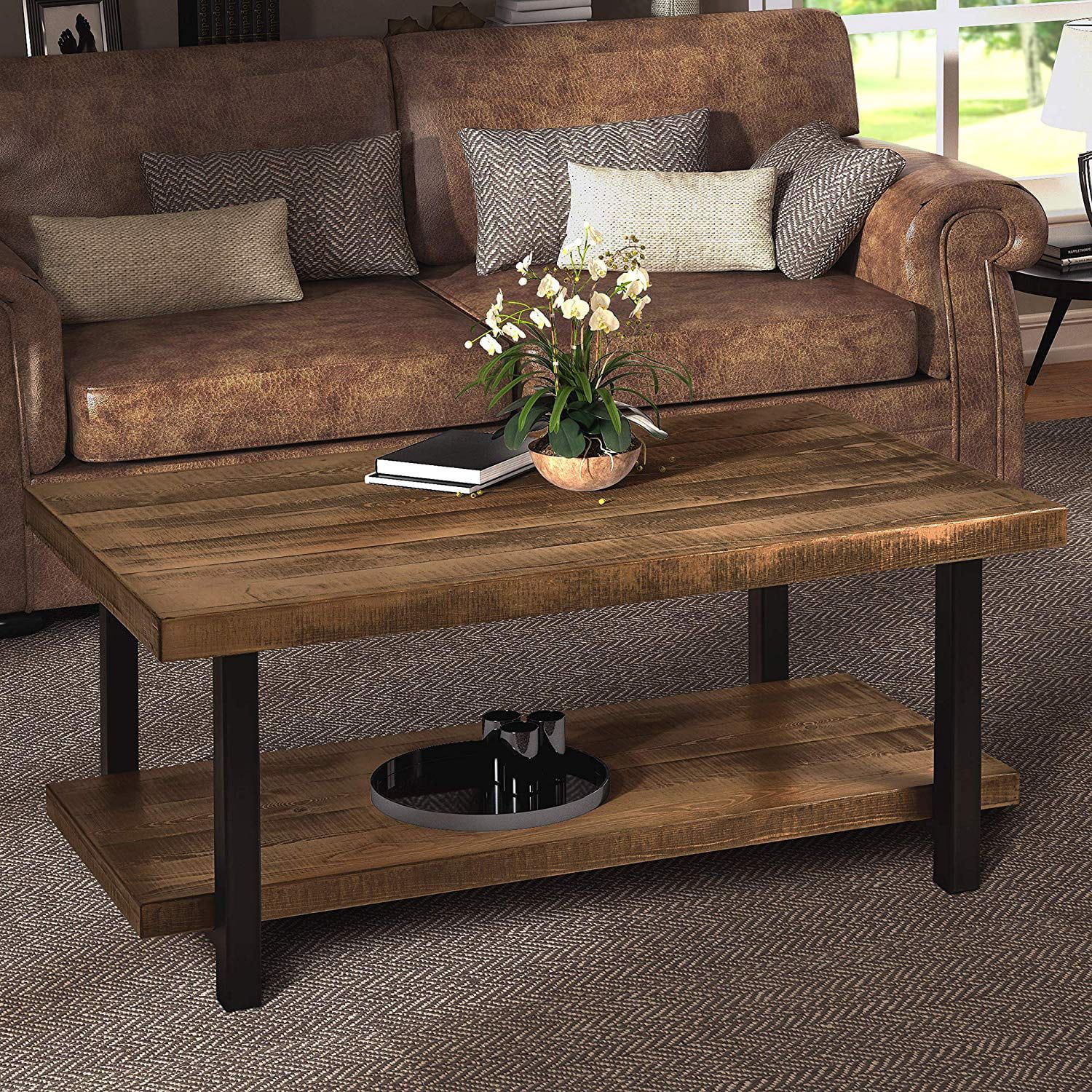 Harper&bright Designs Industrial Rectangular Pine Wood Coffee Table Inside Brown Rustic Coffee Tables (View 8 of 20)
