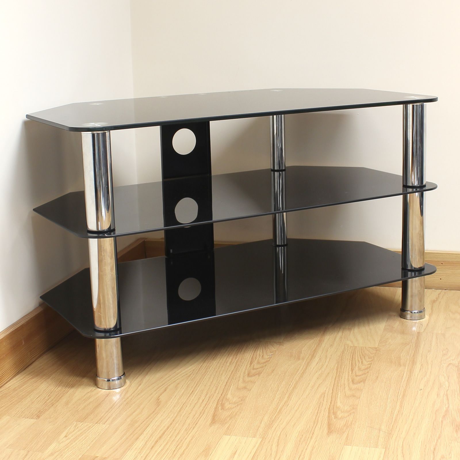 Hartleys Black Glass 3 Tier Corner Led/lcd/plasma Tv Stand Unit/shelf With Regard To Glass Shelves Tv Stands (Gallery 8 of 20)