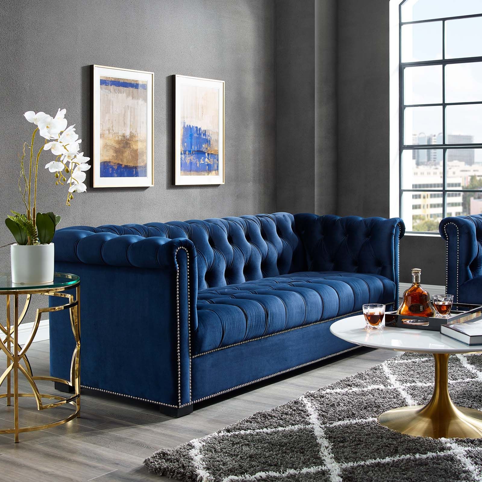 Heritage Upholstered Velvet Sofa Midnight Bluemodway Intended For Sofas In Blue (Gallery 3 of 20)