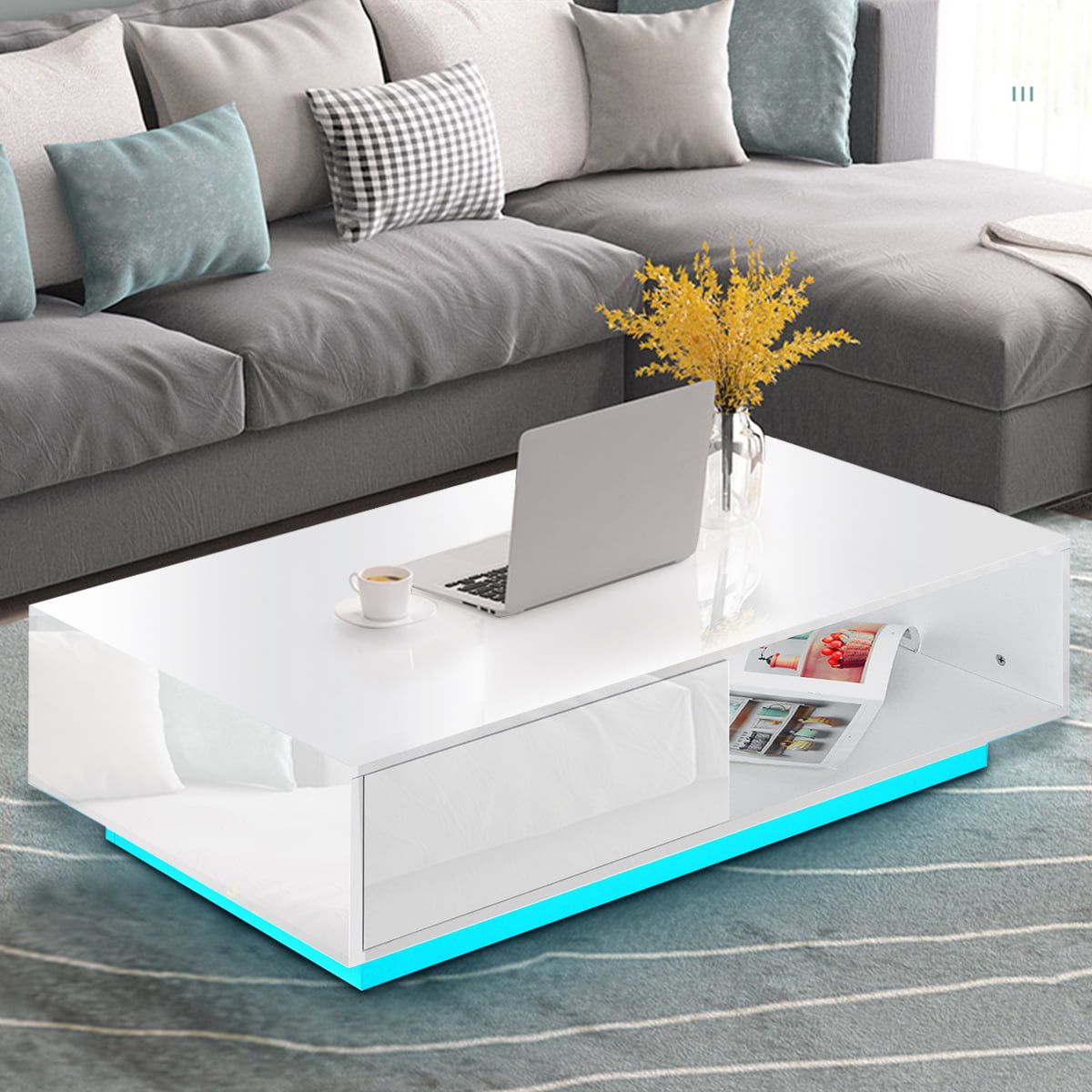 High Gloss Rgb Led Coffee Table With 2 Drawer Storage Modern Sofa Side Throughout Coffee Tables With Drawers And Led Lights (Gallery 2 of 20)