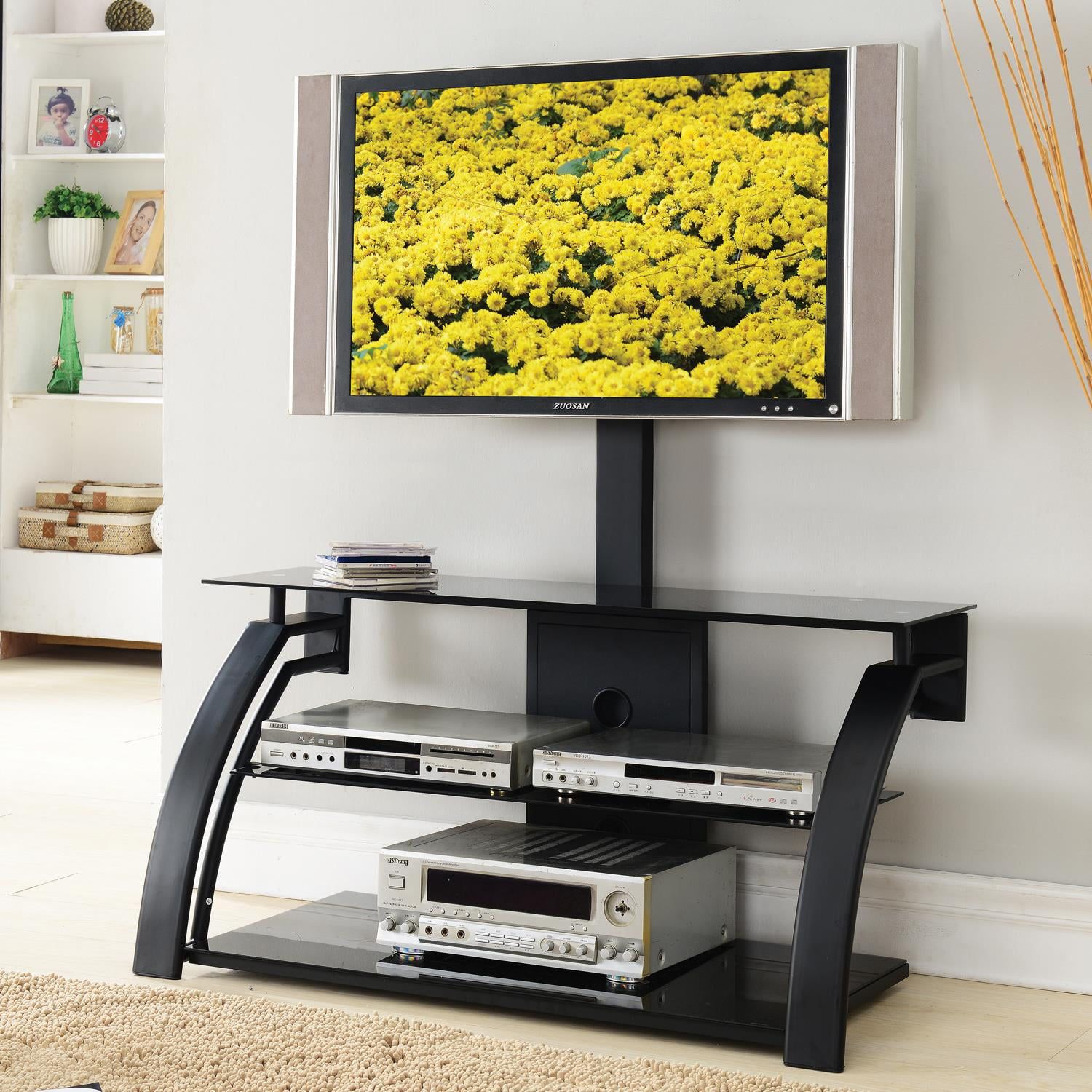 Home Source Logan Plasma Tv Stand With Mount And 3 Black Glass Shelves Within Glass Shelves Tv Stands (Gallery 2 of 20)