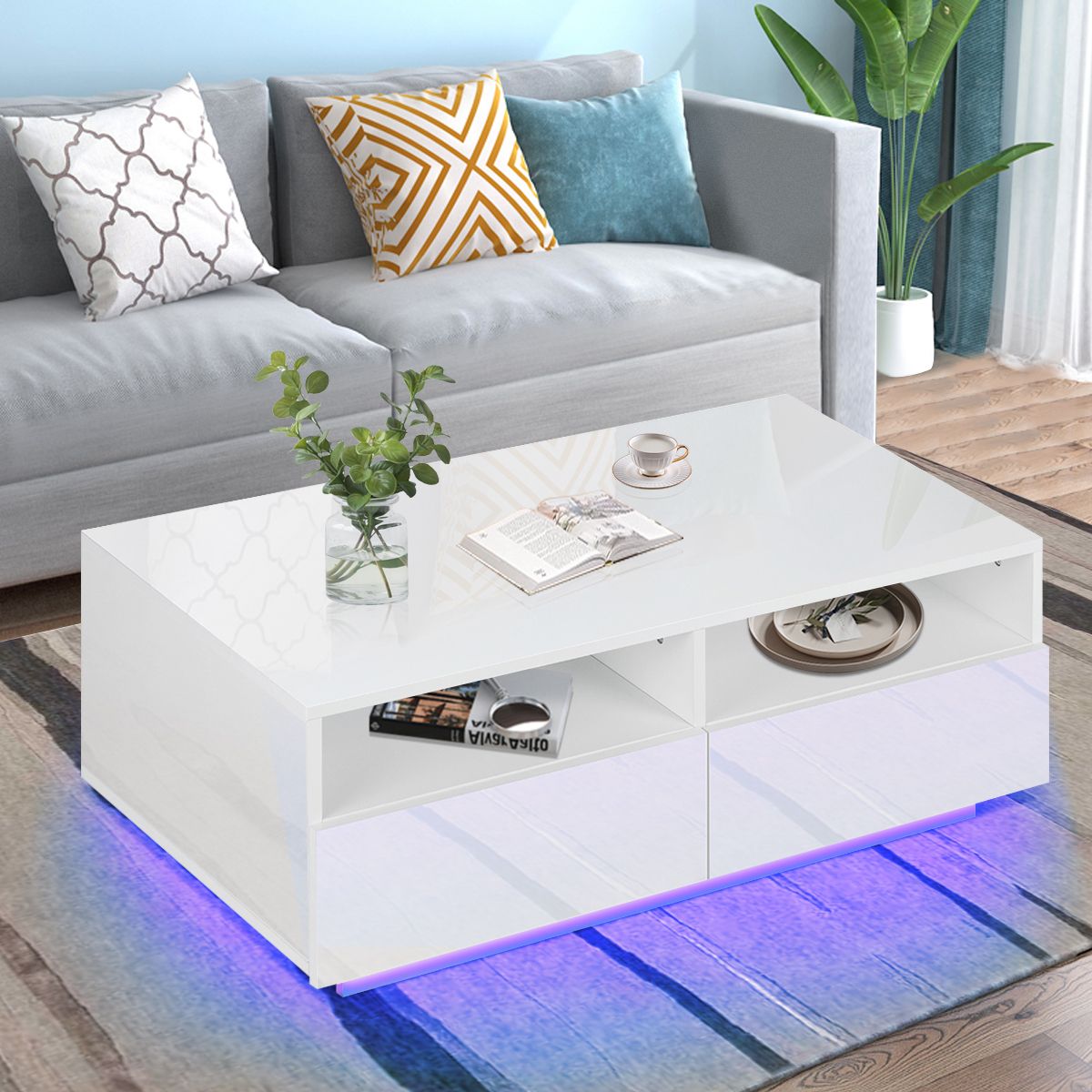 Hommpa High Gloss Led Coffee Table W/ 4 Drawers Living Room With Remote With Rectangular Led Coffee Tables (View 19 of 20)