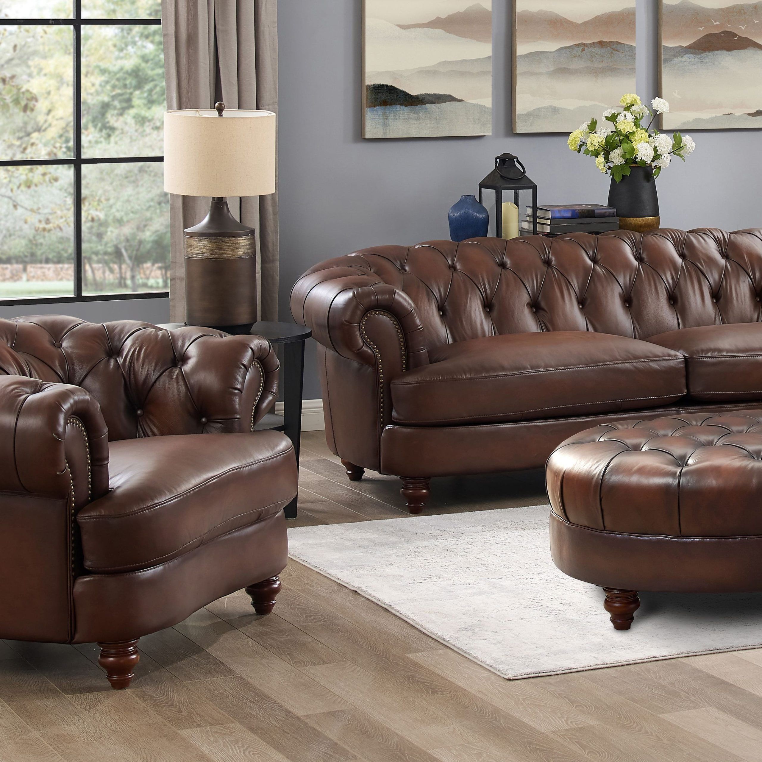 Hydeline Newport 100% Leather Chesterfield Sofa, Chair And Ottoman Set Intended For Sofas With Ottomans In Brown (Gallery 1 of 20)