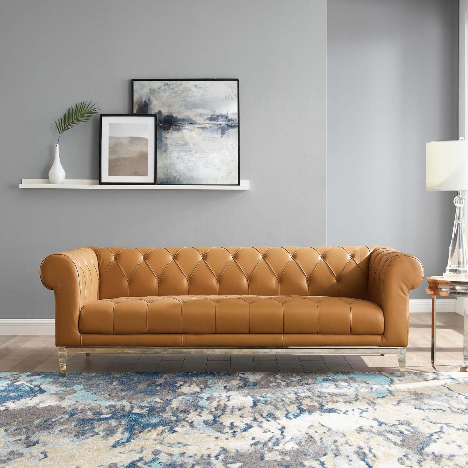 Idyll Tufted Button Upholstered Leather Chesterfield Sofa In Tan – Hyme Within Tufted Upholstered Sofas (View 2 of 20)