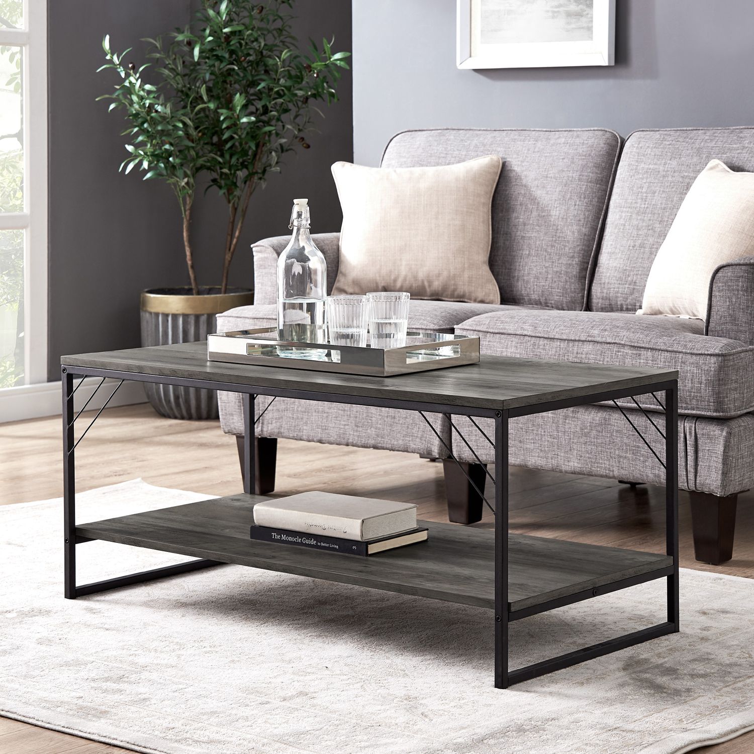 Industrial Metal Accent Gray Wash Coffee Table – Pier1 Imports Throughout Glossy Finished Metal Coffee Tables (Gallery 15 of 20)