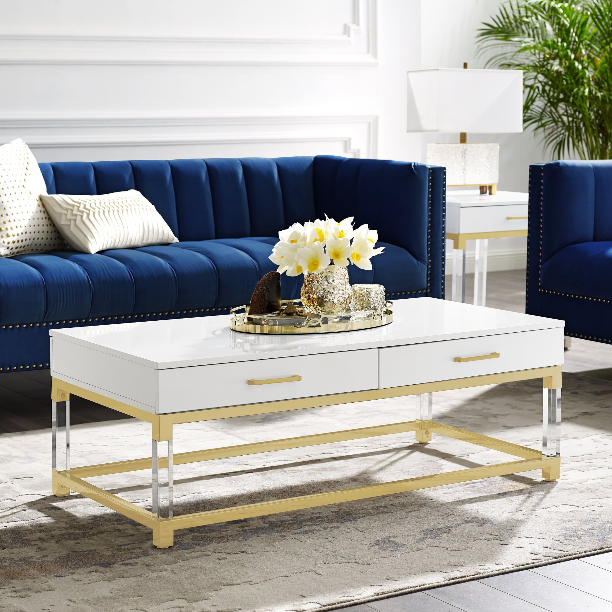 Inspired Home Alena Coffee Table 2 Drawers High Gloss Acrylic Legs Gold Inside Glossy Finished Metal Coffee Tables (View 9 of 20)
