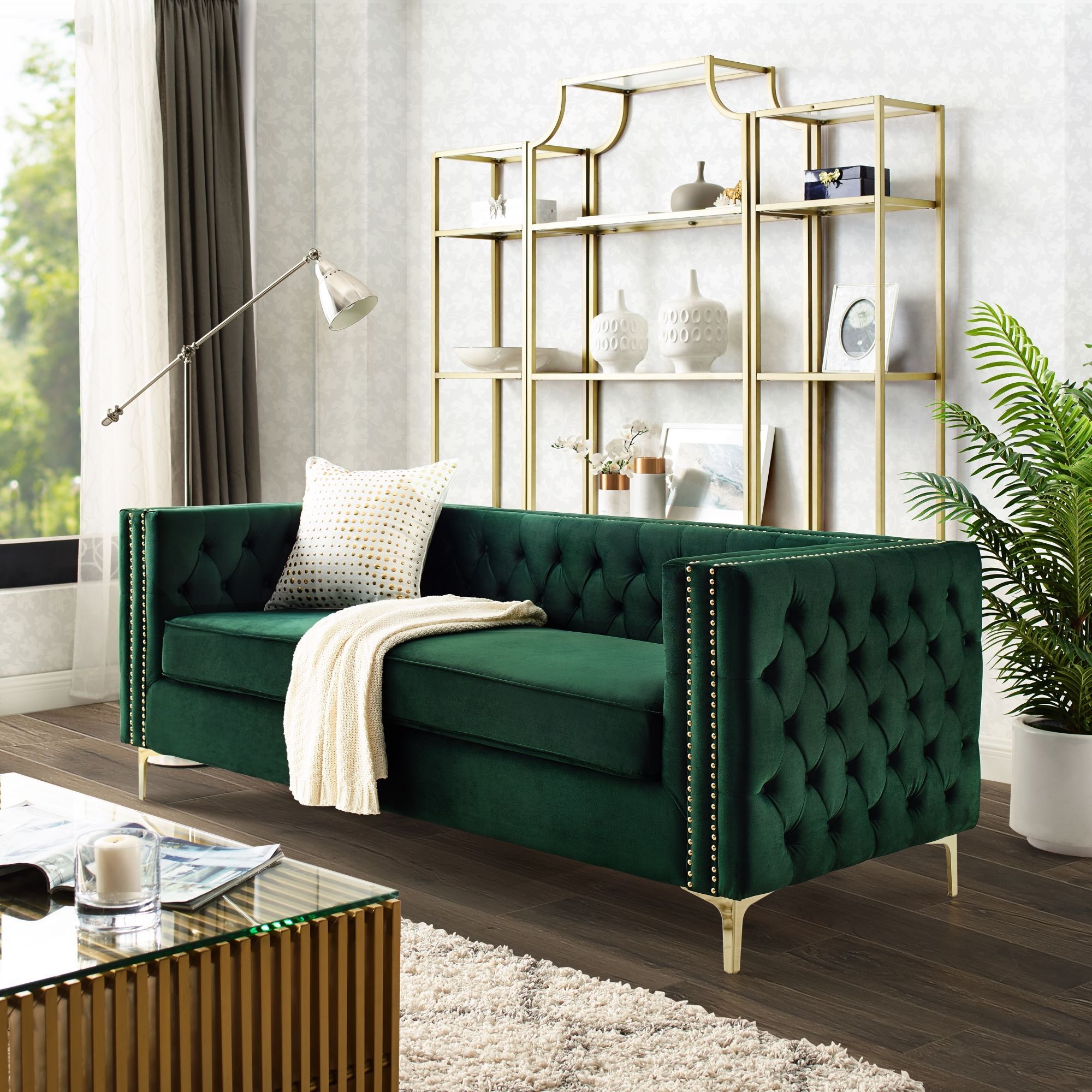 Inspired Home Sania Velvet Sofa  3 Seat Nailhead Trim Gold Legs In 75" Green Velvet Sofas (View 13 of 20)